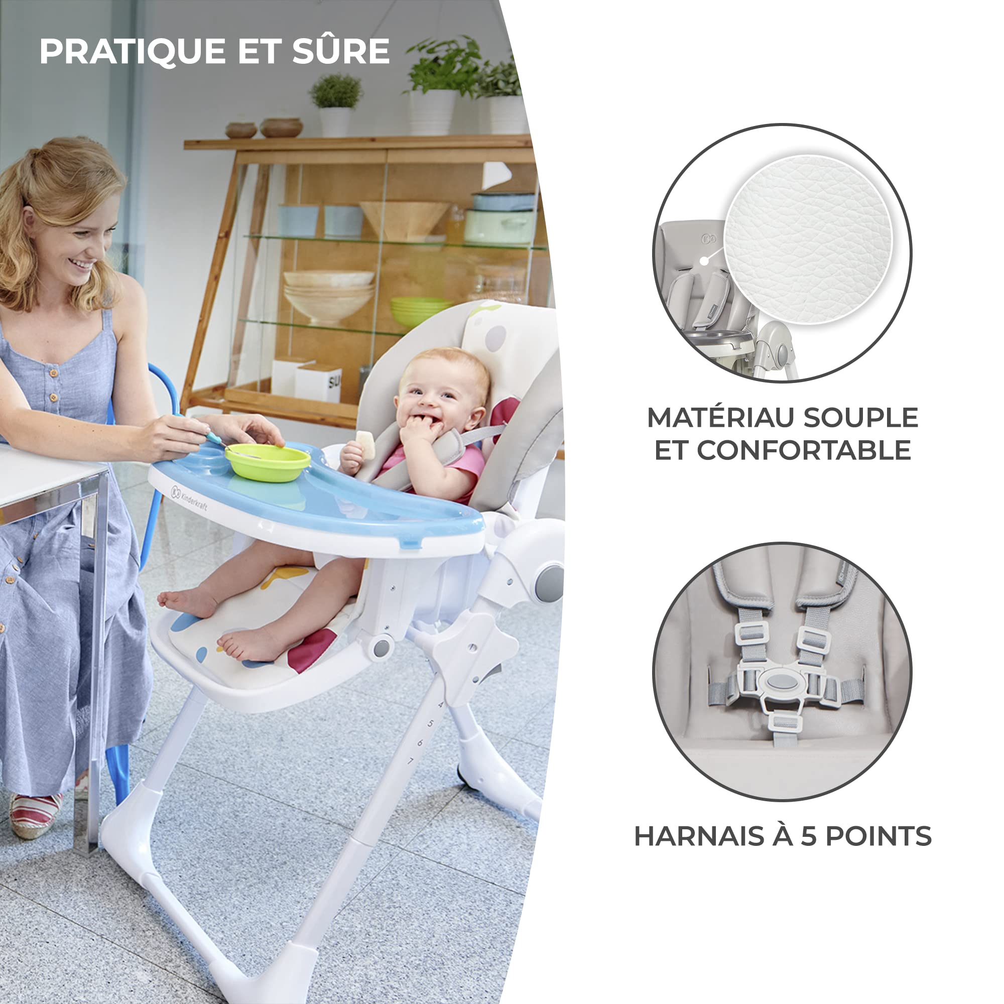 KINDERKRAFT Chaise Haute Enfant Yummy, Pliable, Réglable, Nettoyage Facile, Gris, 103 x 59 x 83 cm, 1 Unité