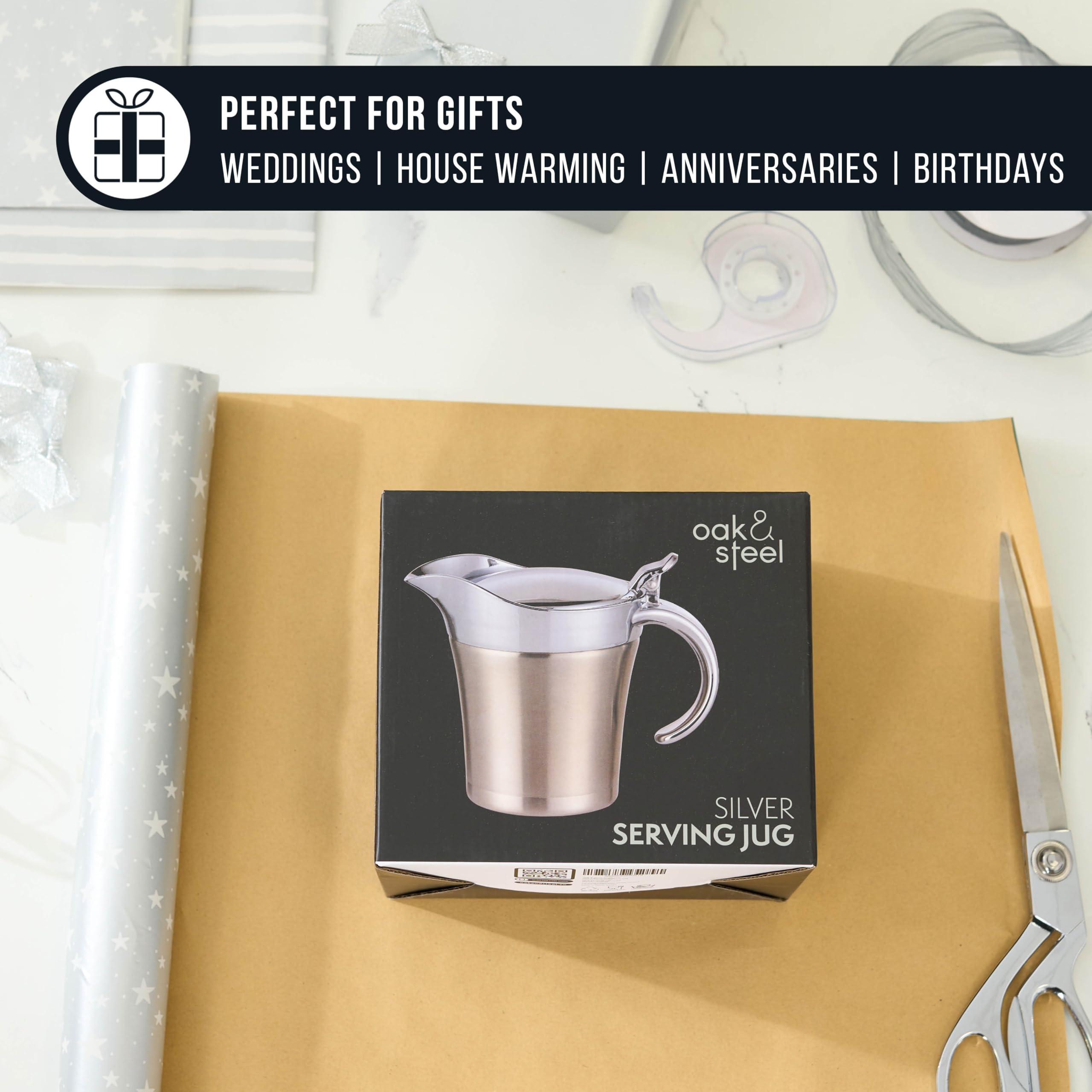 Oak & Steel - Premium Edelstahl Thermo Sauciere, Soßenkanne mit Klappdeckel & Geschenkbox (480ml) - Doppelwandig - Abendessen, Restaurants, Partys, Weihnachten