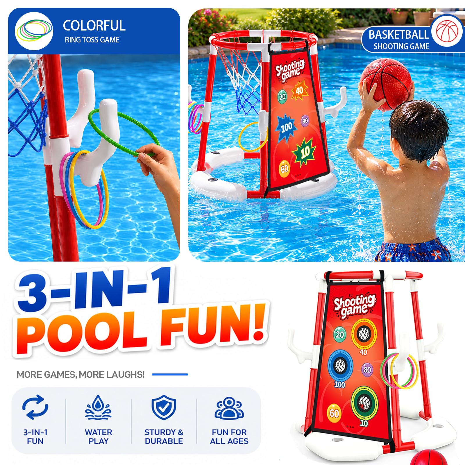 Ronronner Panier de basketball 3 en 1 pour piscine, jouet de piscine avec lancement de balle collante et lancement d'anneaux, 12 balles adhésives, 4 ballons de basket-ball, jouet aquatique pour