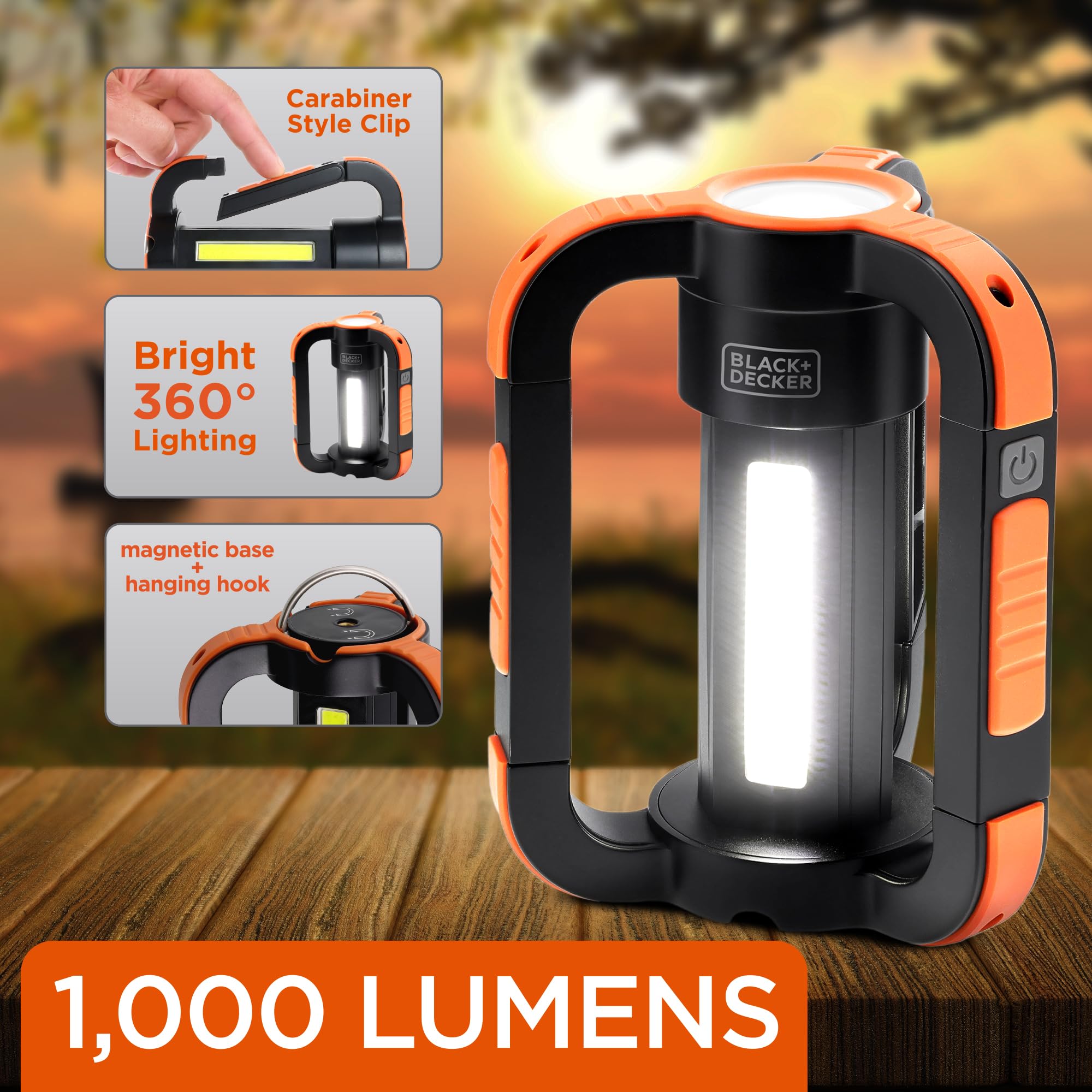 BLACK+DECKER Linterna LED recargable y linterna de 360°, luz impermeable IP65 de 1000 lúmenes, 8 modos, modo SOS de emergencia, banco de energía USB-A, luz de 18 horas, clip de mosquetón, magnético