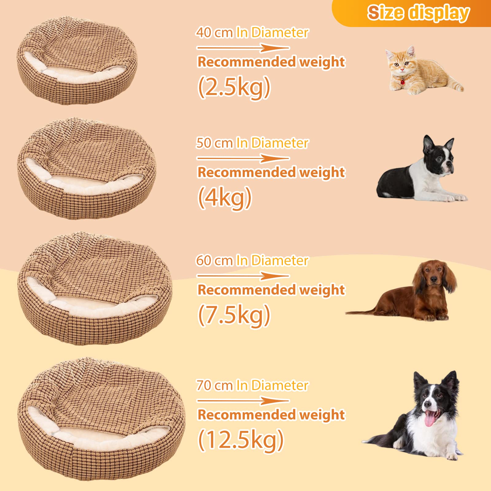 PETCUTE Panier Chien Moyen Taille, Lit pour Chien Round,Lavable Panier pour Chien à Capuche,Coussin pour Chien avec Fond Antidérapant,Paniers pour Chiens Convient aux Chats, Chiens,Jusqu'à 12.5kg