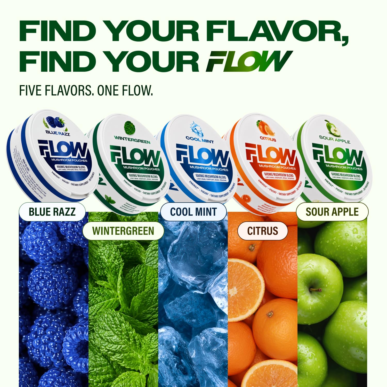 Flow Pouches Mushroom Nootropic Pouches, 600mg Lion's Mane Reishi Cordyceps Energy Pouches for Focus and Clean Energy, Caffeine Free Sugar Free Nicotine Free, Now Made in USA (5 Cans, Sour Apple) — Amazon image 7