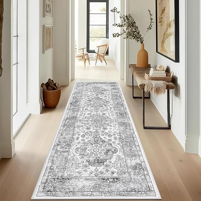 Enyhom Runner Rugs for Hallway, Grey Vintage Soft Touch Carpet Runner Machine Washable Kitchen Area Runner Rug Non Slip Entrance Dirt Trapper Barrier Mat for Bedroom Living Room Entryway, 60 x 180 cm