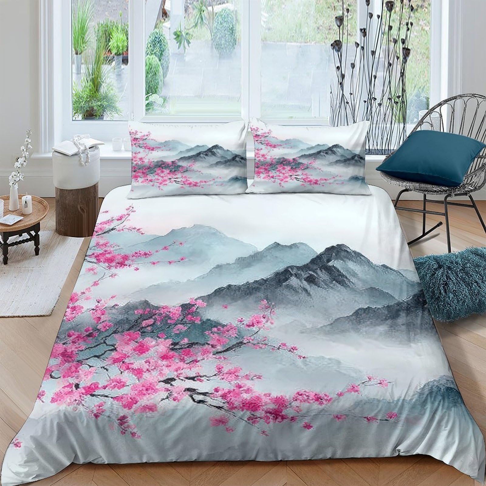 Ctjqhvkz Style-6 3D Printed Ink Wash Landscape Fitted Sheet Microfiber Soft Cherry Blossom Mountain Mattress Cover Bedroom Decor Single（135X200cm）