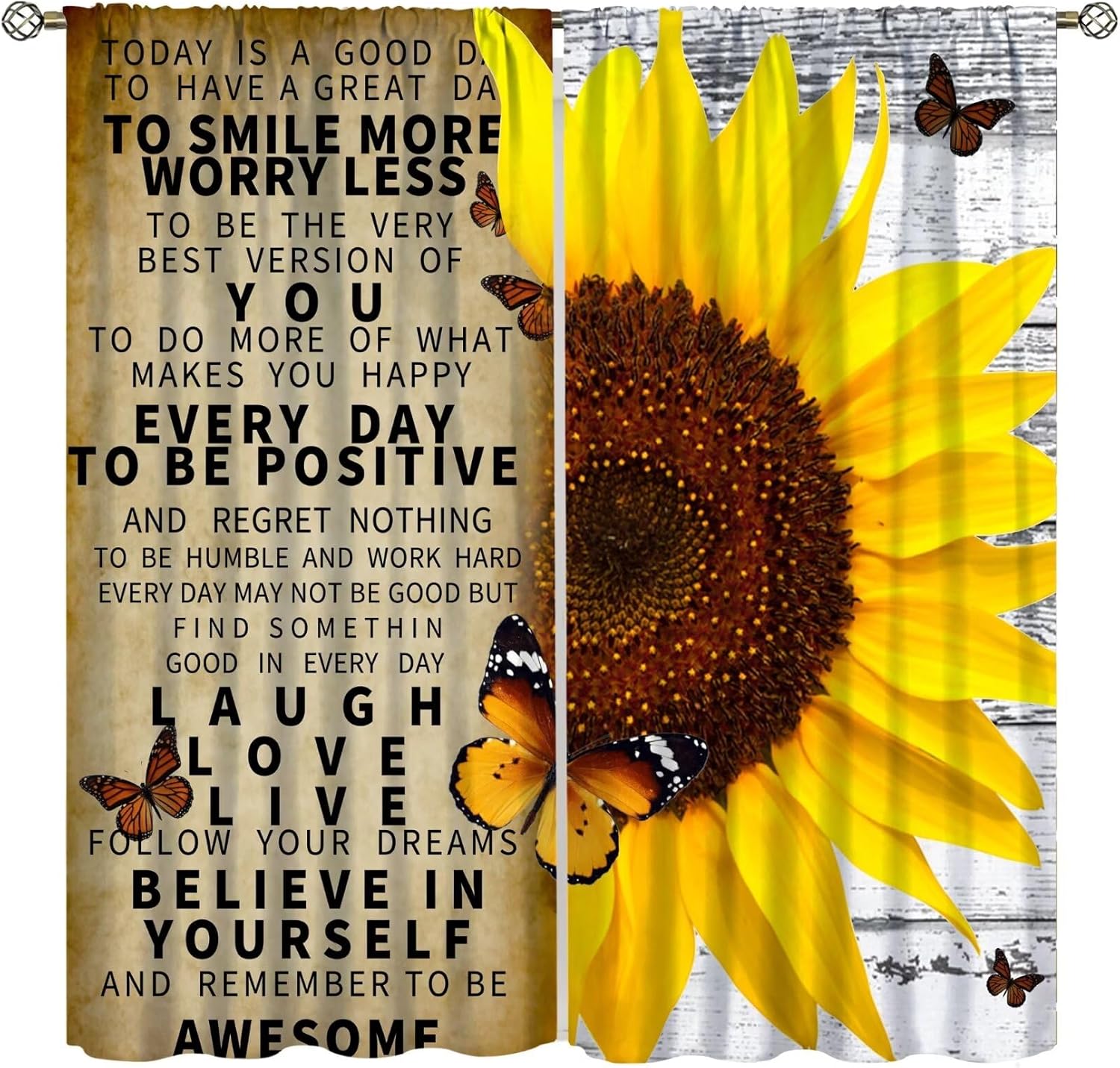 Sunflower Blackout Curtain,Rustic Inspirational Quotes Butterfly Wood Plank Window Curtain Home Decor Cloth Farbic for Living Room Kitchen Bedroom Cafe Dining Room Office Drapes, 84x84 in