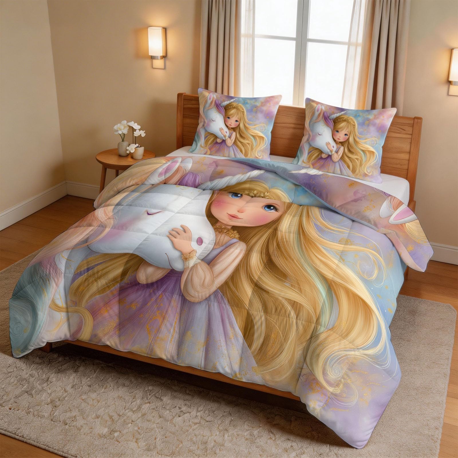 Jednorożec blond kołdra pojedyncza dla małej dziewczynki, dwustronna, kreskówkowa, bez poszewki, zestaw pościeli 135 x 200 cm, antyalergiczna kołdra 7,5 Tog, na wszystkie pory roku, 1 miękka pościel z