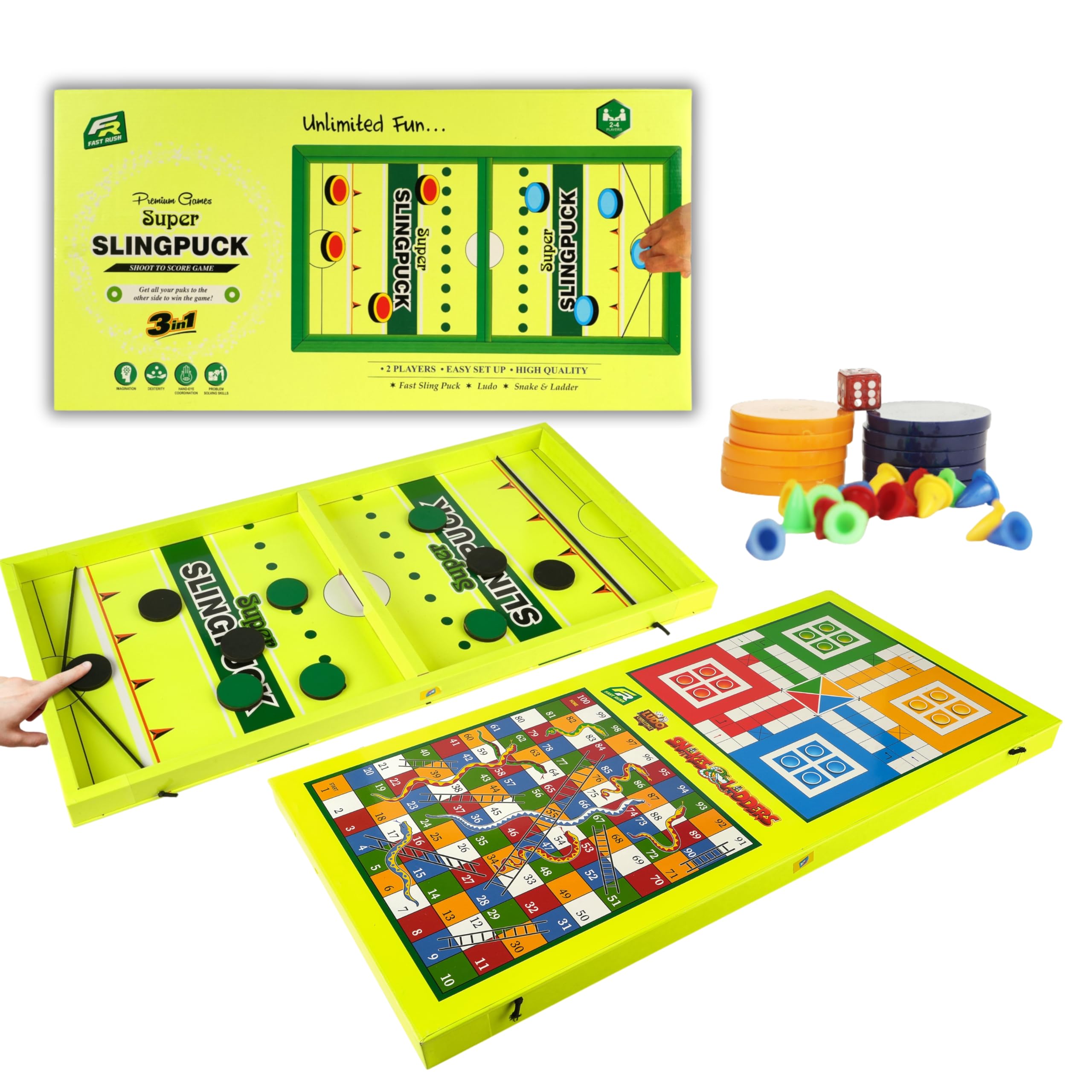 Fast Sling Puck Board Game - 3 in 1 Fastest Finger First Board Games for Adults & Kids, Ludo Board Game, Sling Puck Board Game Perfect for Family (String Hokey)