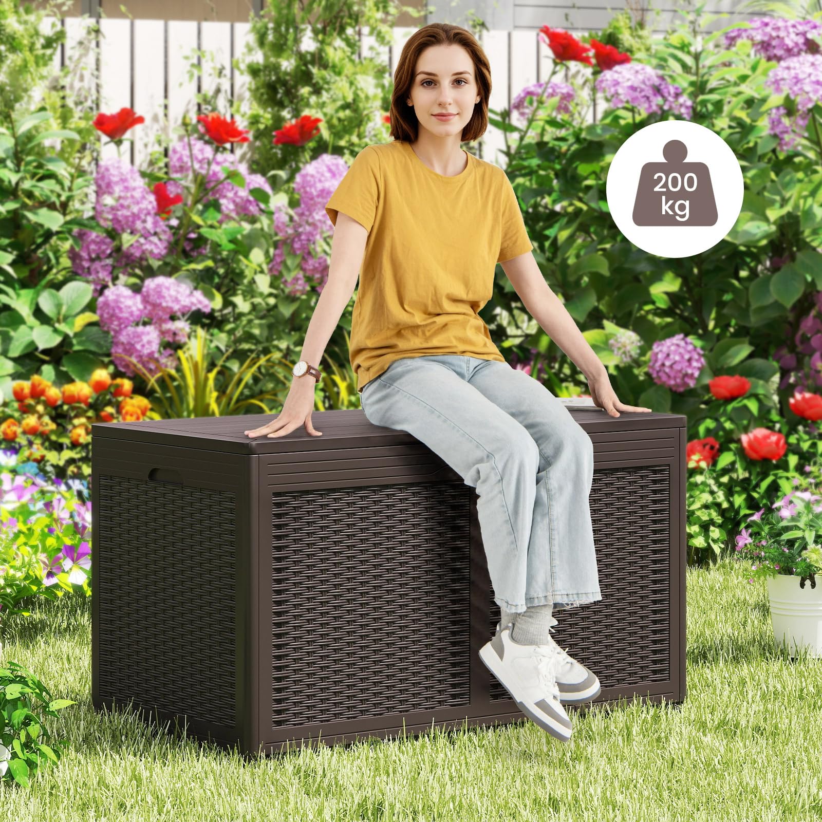 COSTWAY 380 L Gartenbox mit Rollen, Auflagenbox wasserdicht inkl. Deckel, Aufbewahrungsbox Gartentruhe mit Rattanstruktur für Poolzubehör, Gartengeräte & Balkon (Braun)
