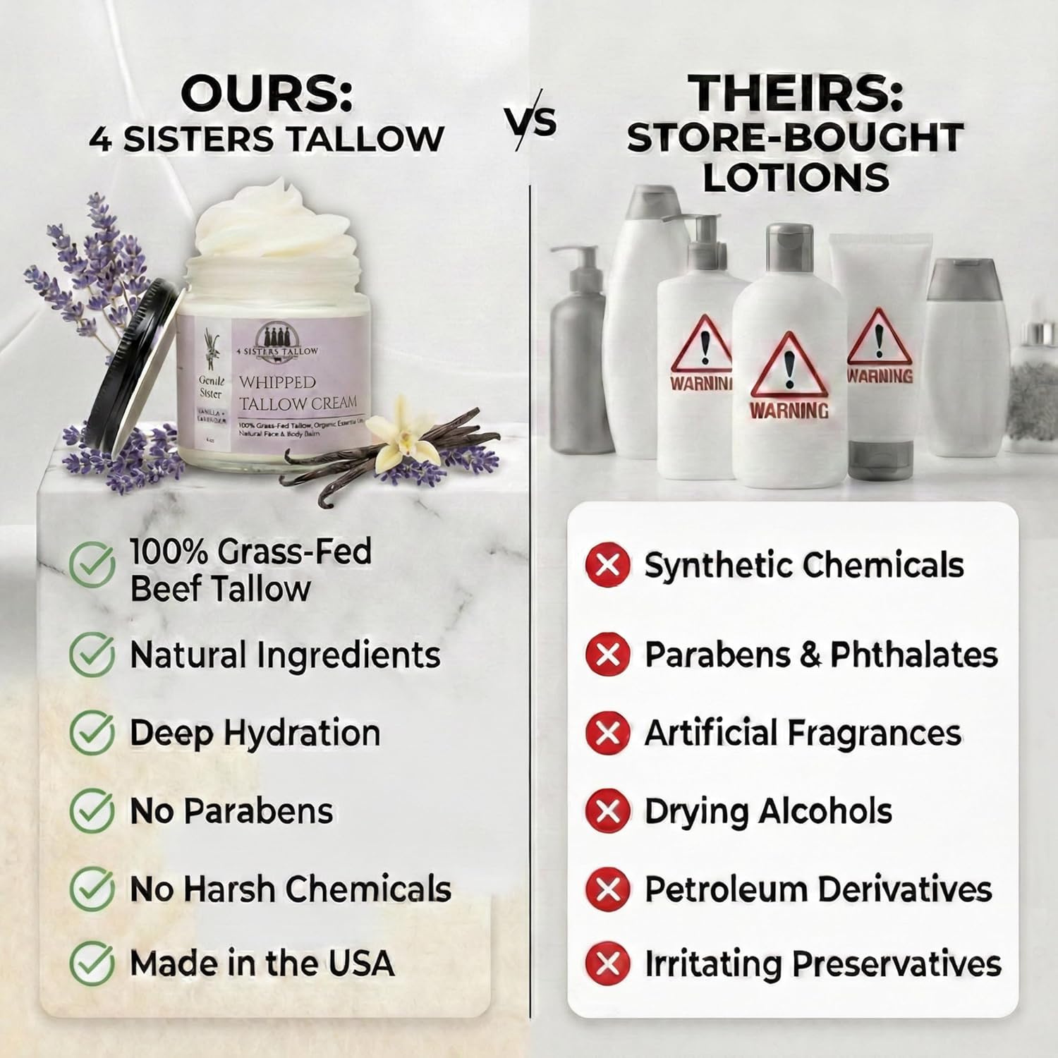 100% Grass Fed Beef Tallow For Face & Skin - All Natural Tallow Face Cream - Whipped Moisturizer Lotion - Made in USA - 100% Organic Essential Oils - Lrg 4 Fl Oz - Gentle Sister (Vanilla Lavender)