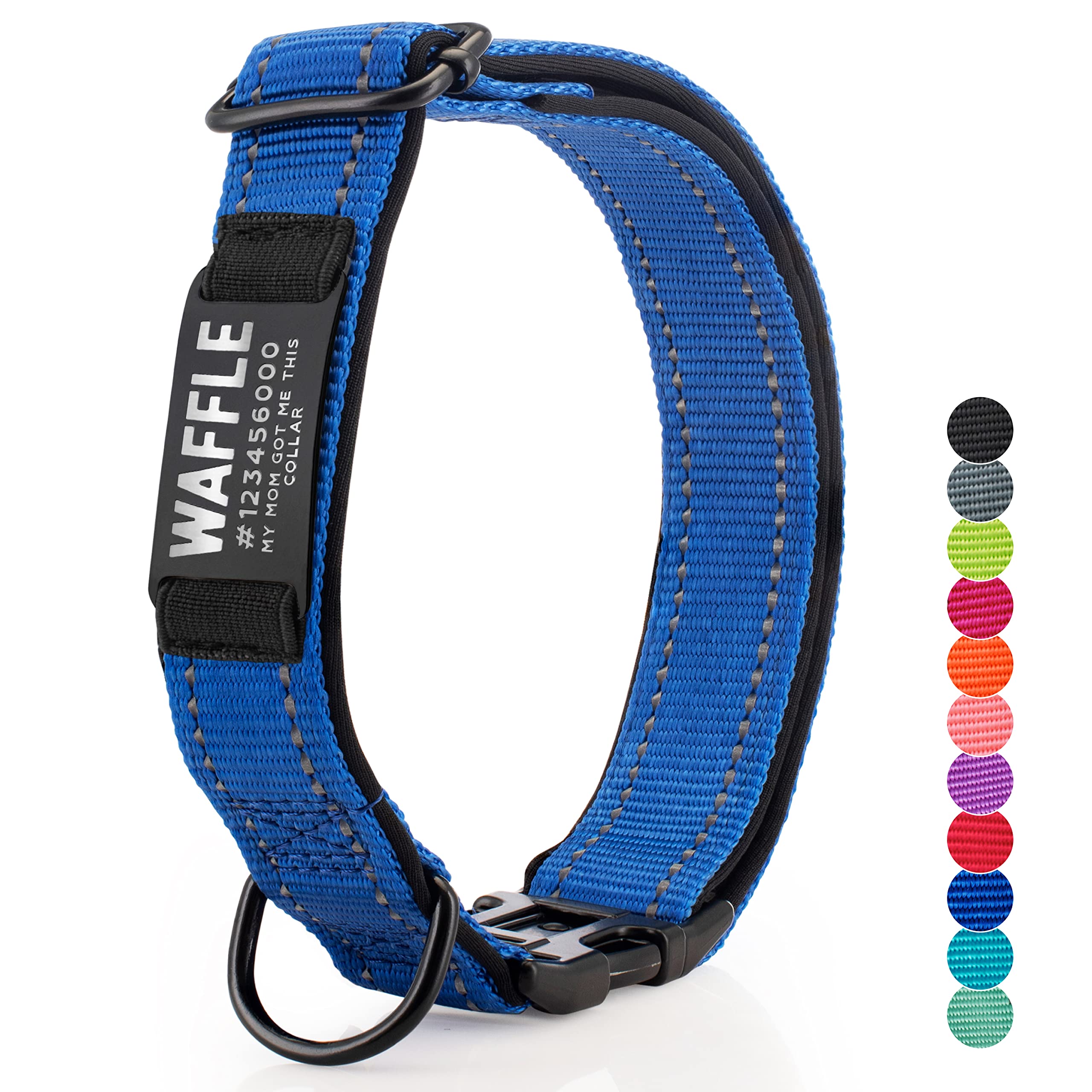 UPDATED - Personalized Dog Collars and Engraved Nameplate ID Tag, Reflective Nylon Dog Collar, Customizable in 11 Colors, 4 Adjustable Sizes, 16 Fonts, Dog Collar for Large, Small, Medium Dogs - RBLUE