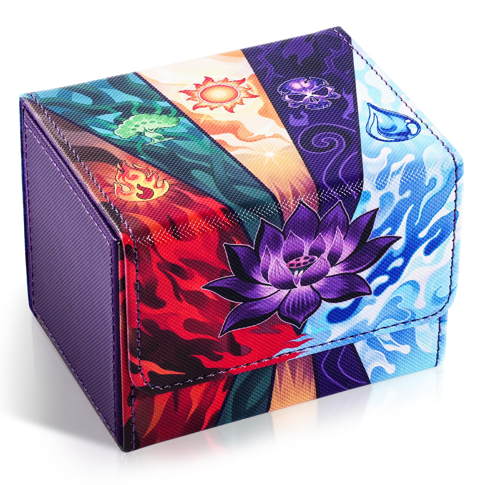 UAONO Card Deck Box for MTG, Trading Cards Storage Box Holds 120+ Sleeved Commander Deck, PU Leather Card Box Suits TCG Magic with 2 Dividers (Black,Lotus)