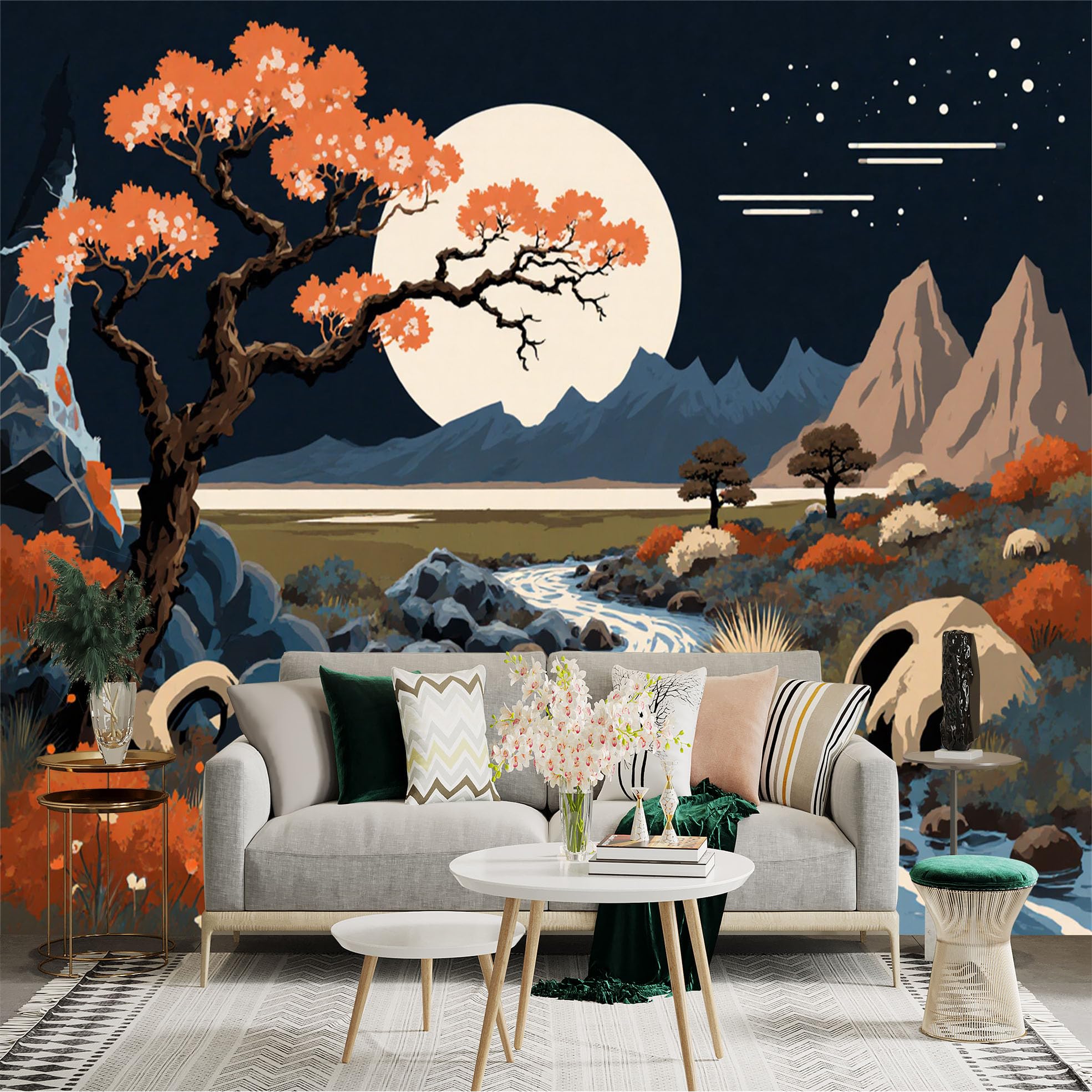 Lnzczhyre Xc260505624 Custom Size Wall Sticker Mural， Autumn Moonlit River， Orange Foliage Trees， Rocky Mountain Landscape， Serene Night Scenery， For Wall Decoration， Peelandstick Wall Decals.