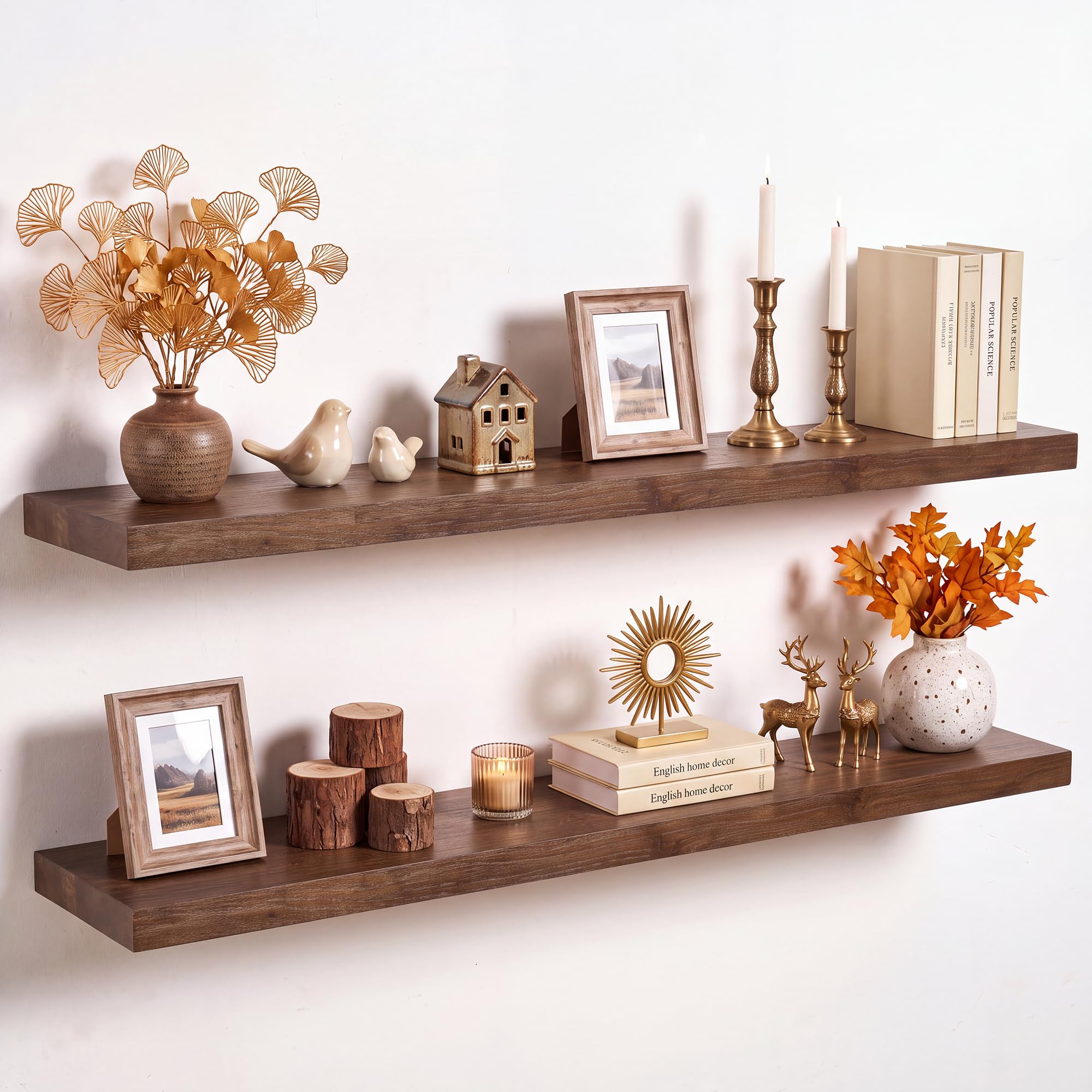 Axeman Floating Shelves for Wall, 100cm Rustic Solid Elm Wood Shelves for Storage, Wall Mounted Display Shelving with Invisible Heavy-Duty Metal Bracket,100x20x3.5cm (Walnut, 2PCs)