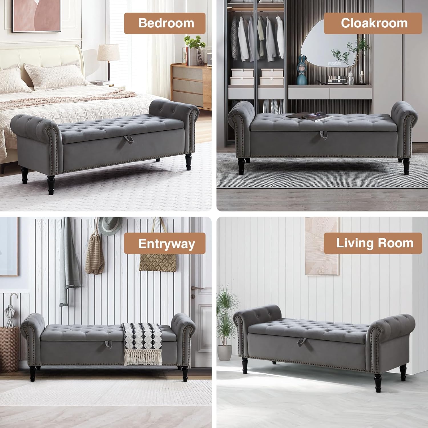 67'' End of Bed Bench King Size, Storage Bench for Bedroom End of Bed, Upholstered Tufted Storage Ottoman Benches with Arms for Living Room, Entryway, Windows, Velvet Dark Grey
