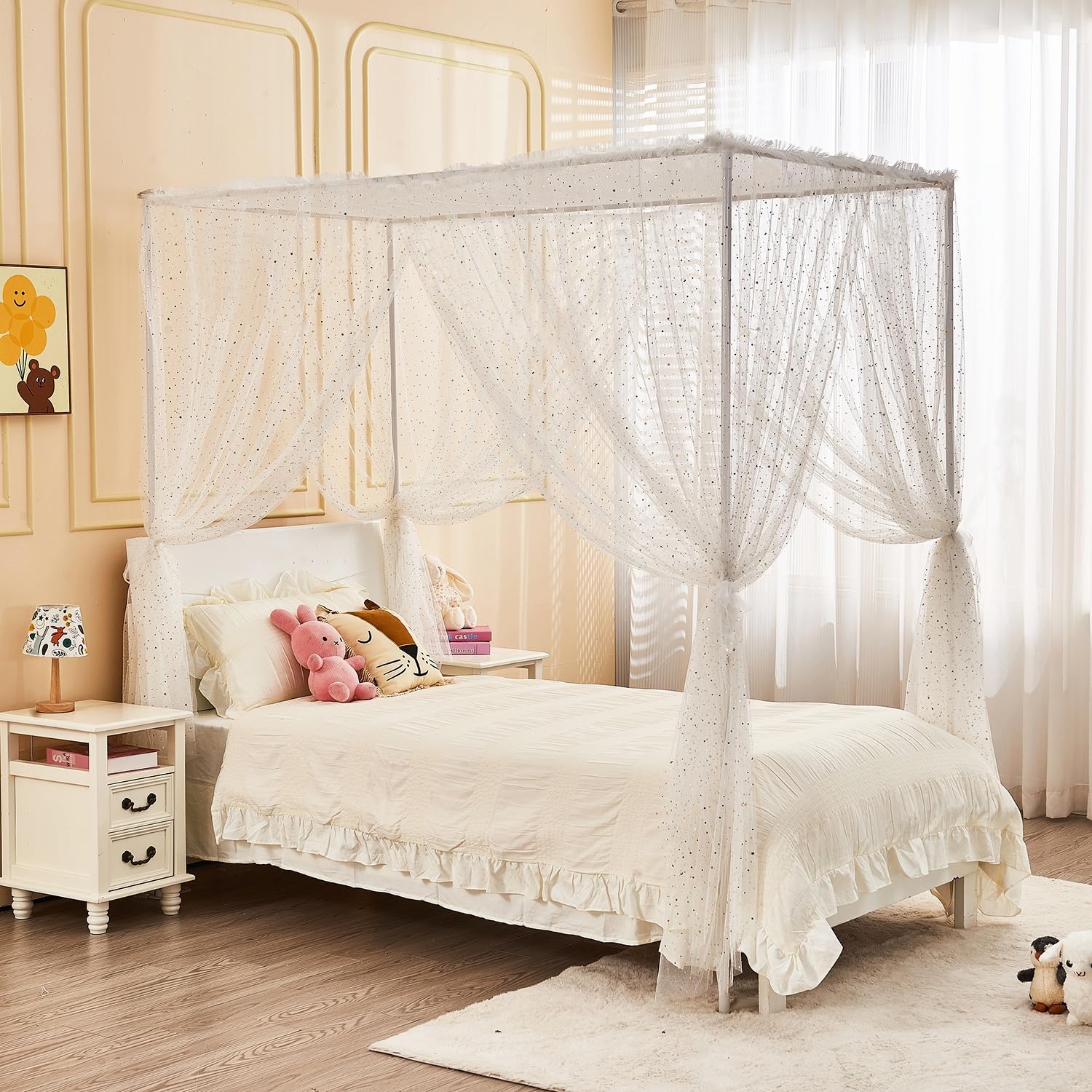 Weißer glänzender Betthimmel mit Lichtern für Mädchen und Kinder, 4 Eckpfosten, Mond, Sterne, Pailletten, Prinzessin, Betthimmel, Bettvorhänge für Schlafzimmer, Dekoration (voll, weiß)