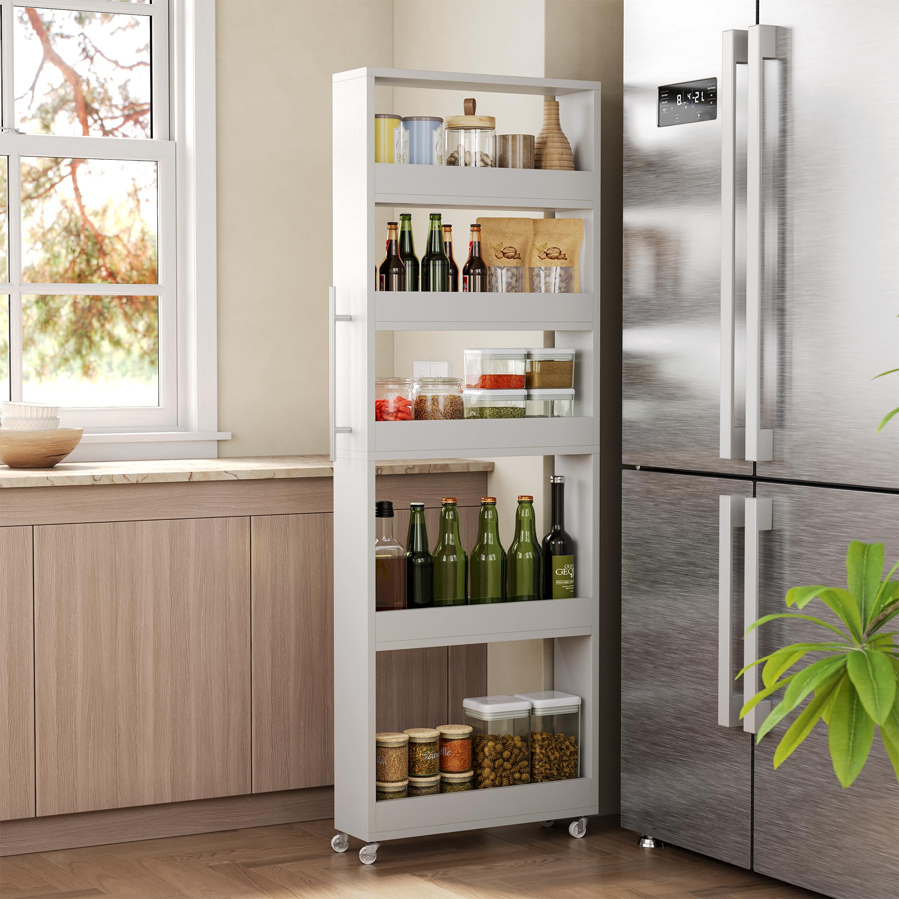 Ön view of the assembled LITTLE TREE 63-Inch Slim Storage Cart in white.