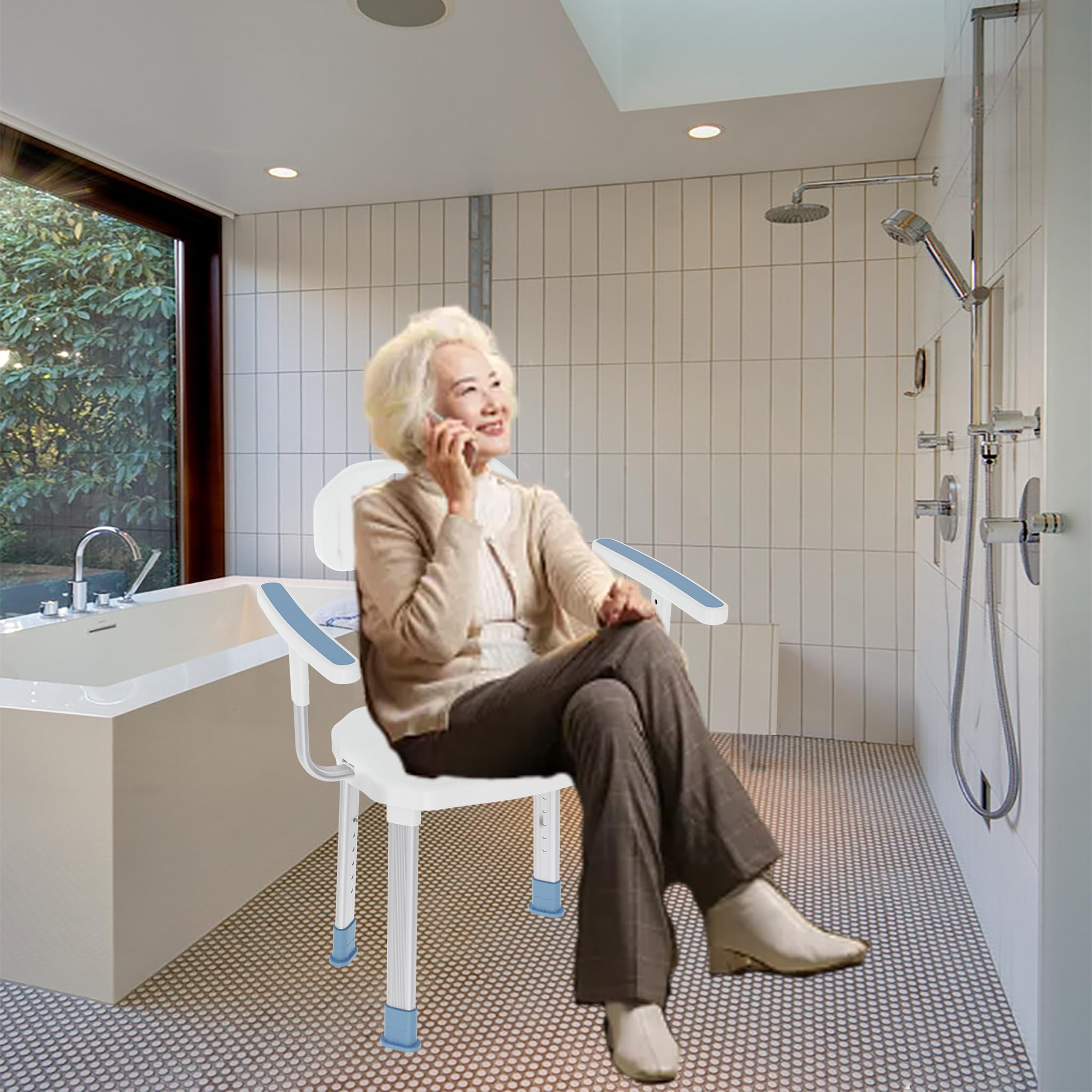 Aufun Silla de Ducha con Respaldo y reposabrazos,Antideslizante,Taburete de Ducha Regulable en Altura,Silla de Ducha para Mayores- Tipo C,Blanco,CST-3066