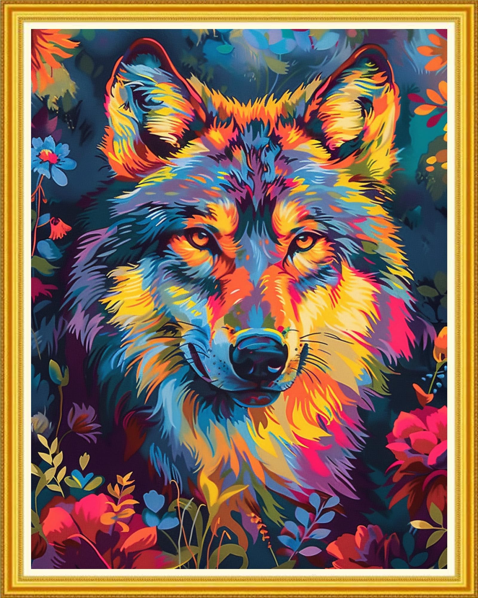 Magxvouy Cross Stitch Kits Stamped Full Range of Embroidery Kits,Cross Stitch Patterns Needlework Kits for Beginners 11CT Printed Kits&amp;Colorful Wolf 16x20 inch