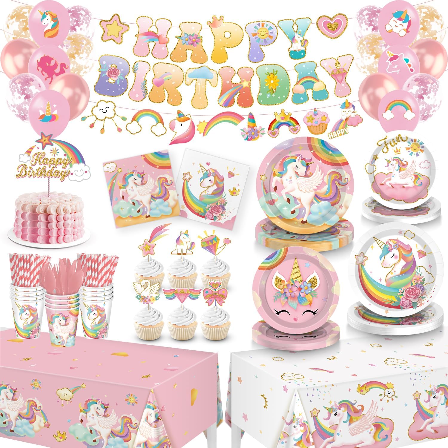 Unicorn Birthday Decorations, Unicorn Party Decorations, Rainbow Birthday Decor for Girls, Includes Plates, Cups, Napkins, Banner, Tablecloths, Balloons, Cupcake&Cake Topper serve 24 Guests