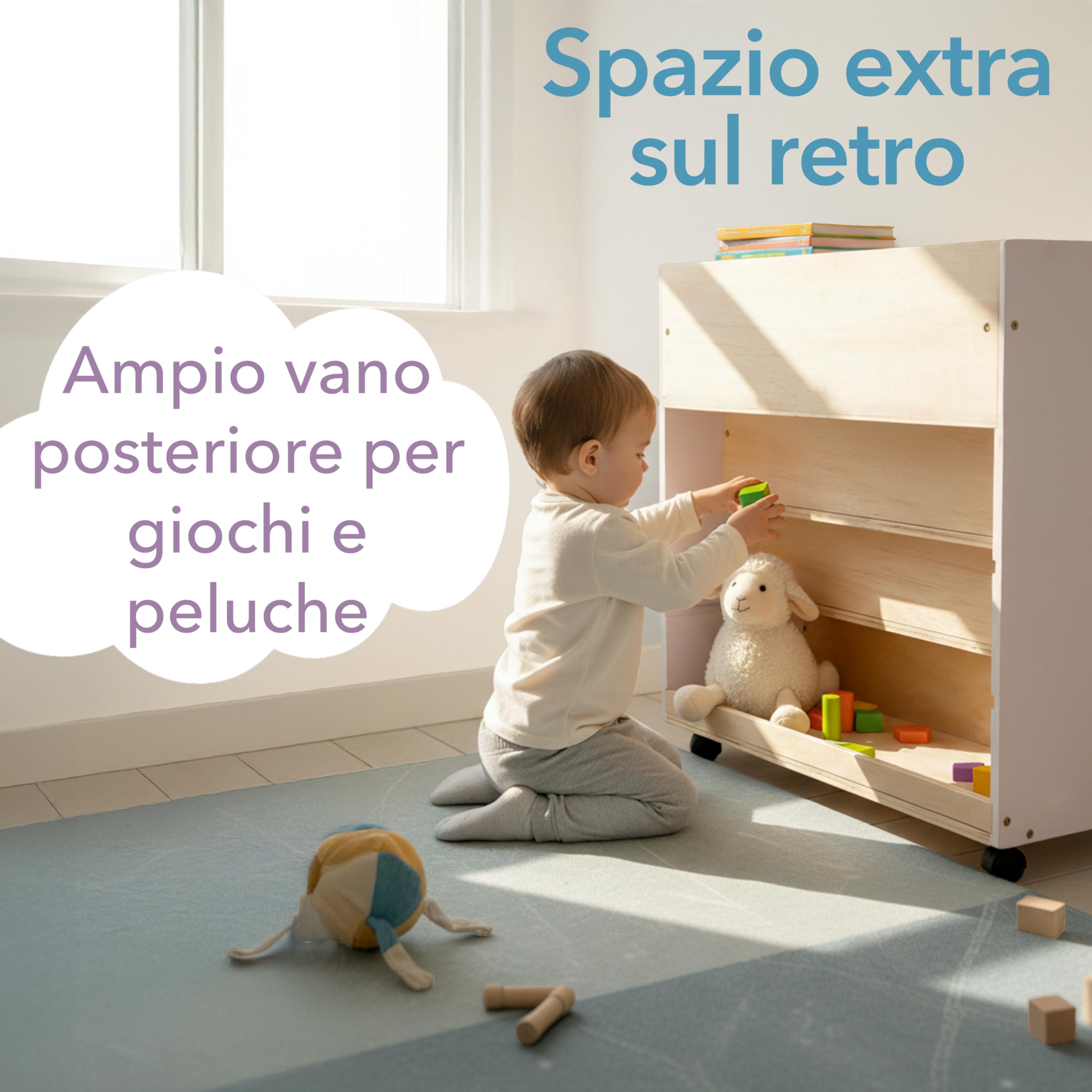 Libreria Montessoriana per Bambini,in Legno spessore 1.5 cm, 4 Ripiani Frontali e Vano Posteriore, Ruote Opzionali, 72x67x35 cm