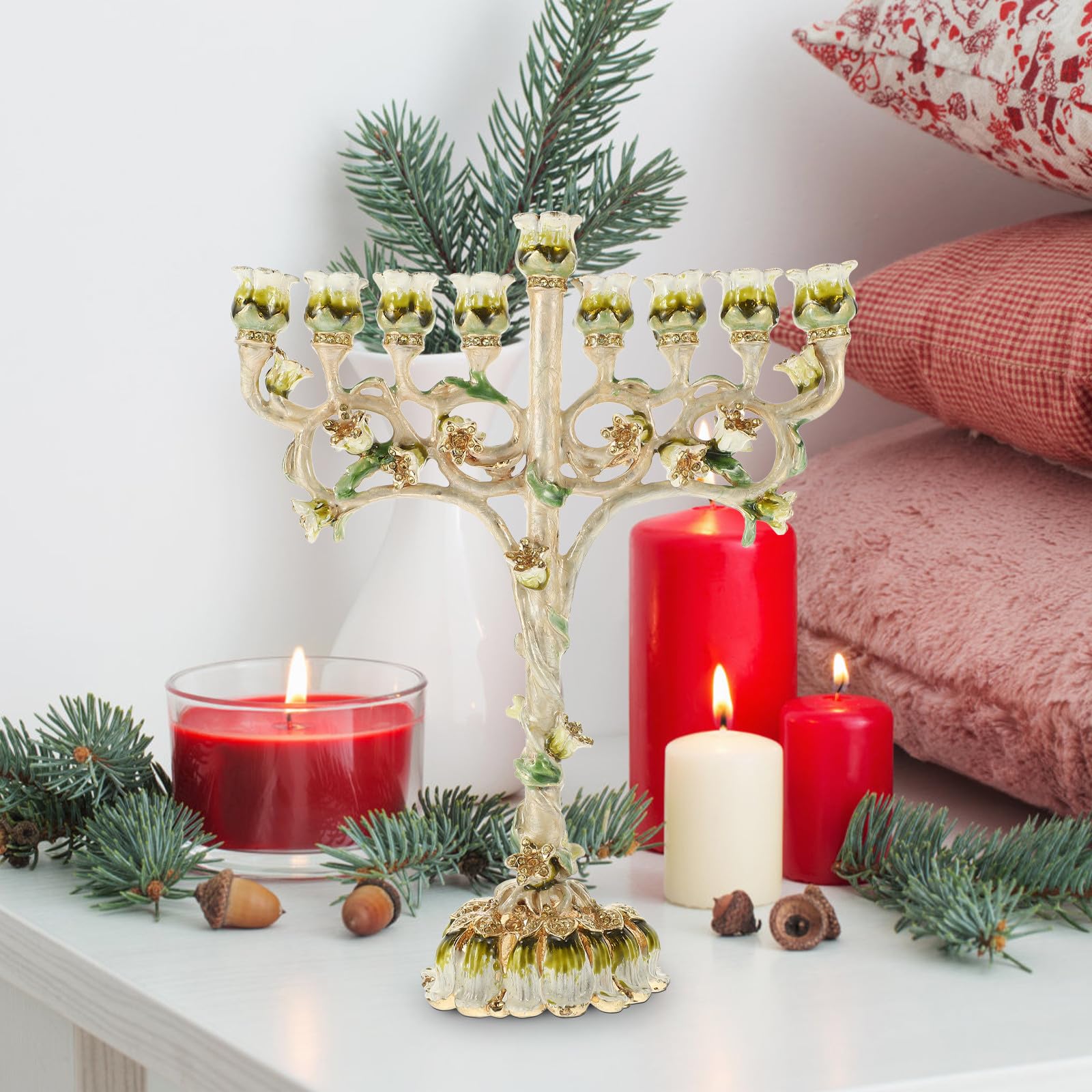 SHINEOFI Candelabro Menorá de 9 Brazos para Ceremonia Religiosa Diseño Vintage de Esmalte, Soporte Metálico Resistente Adecuado para Ambientación de Hanukkah Hogar