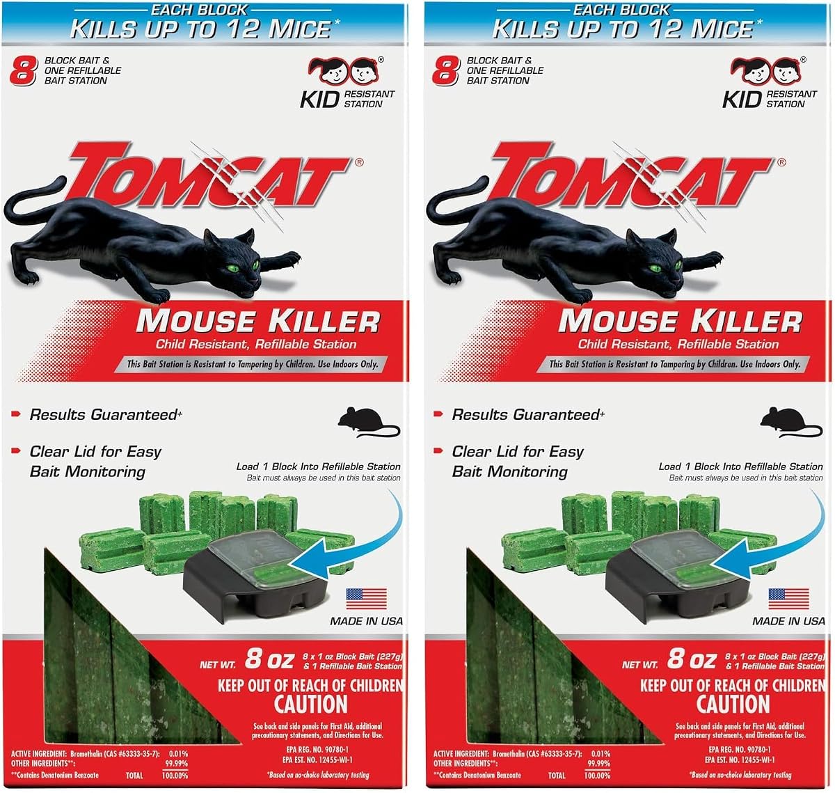 Tomcat Mouse Killer Child Resistant, Refillable Station with Clear Lid for Easy Monitoring, 1 Bait Station and 8 Refills (Pack of 2)