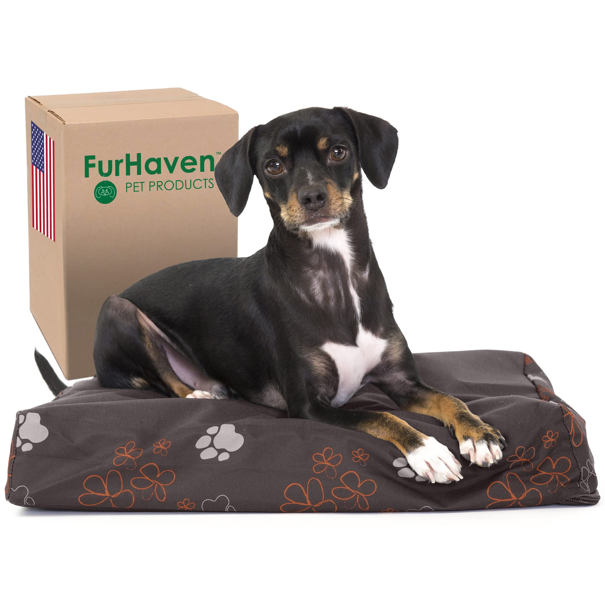 Furhaven Small Orthopedic Dog Bed Water-Resistant Indoor/Outdoor Garden Print Mattress w/ Removable Washable Cover - Bark Brown, Small
