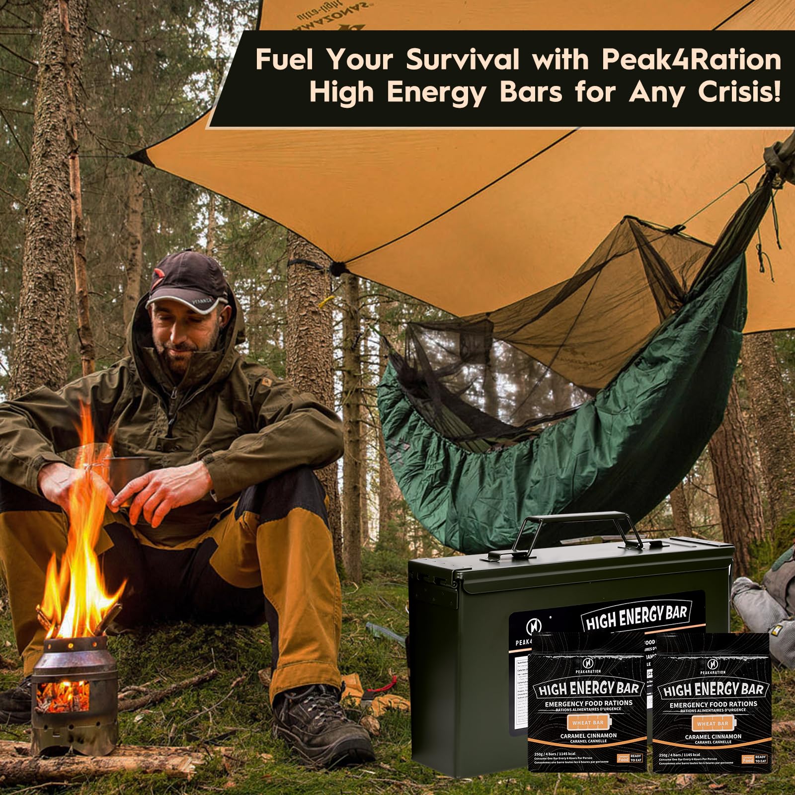 PEAK4RATION Barretta ad alta energia | Biscotti di razione di emergenza – Caramello cannella, 3 kg (12 confezioni da 250 g) 13728 kcal | Biscotti compressi a lunga durata fino a 12 giorni di fornitura