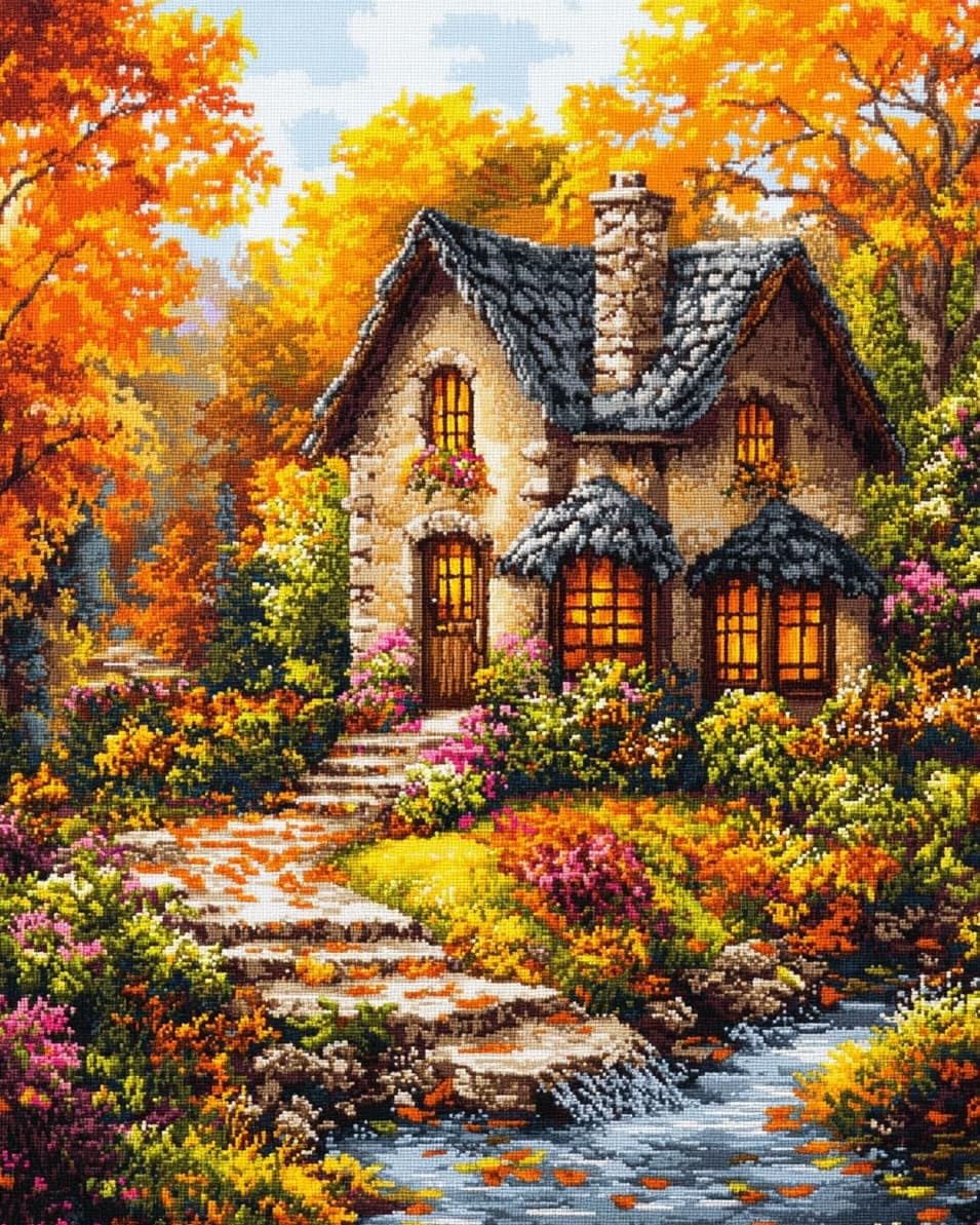 WallustrioaW Cross Stitch Stamped Kits,Autumn Garden,Pre-Printed Cross-Stitching Starter Pattern for Beginners Adults,11CT Embroidery Needlepoint Kits,40x50cm