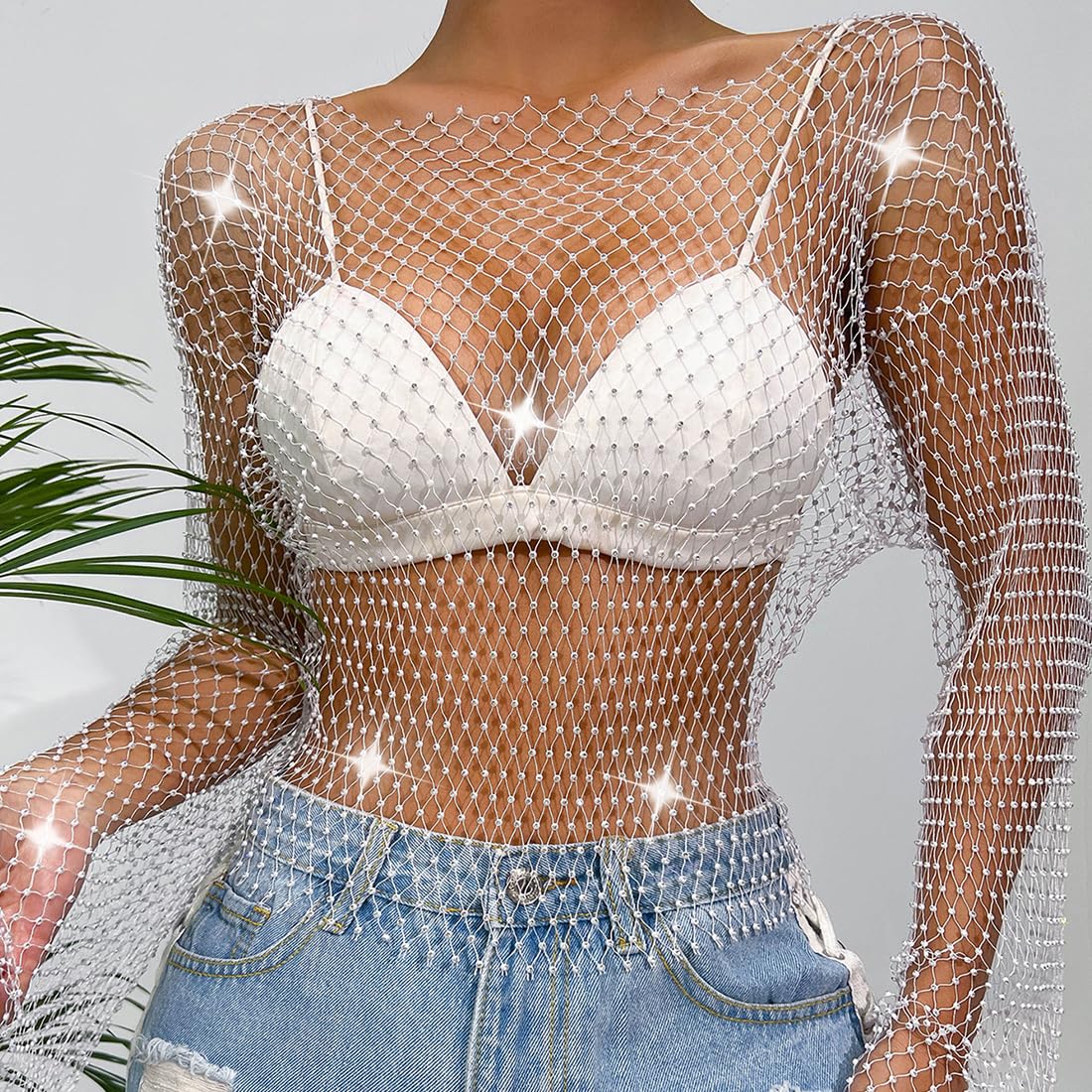OBEEII Top da donna in rete con strass, a maniche lunghe, con strass, scintillante, per rave party e discoteca