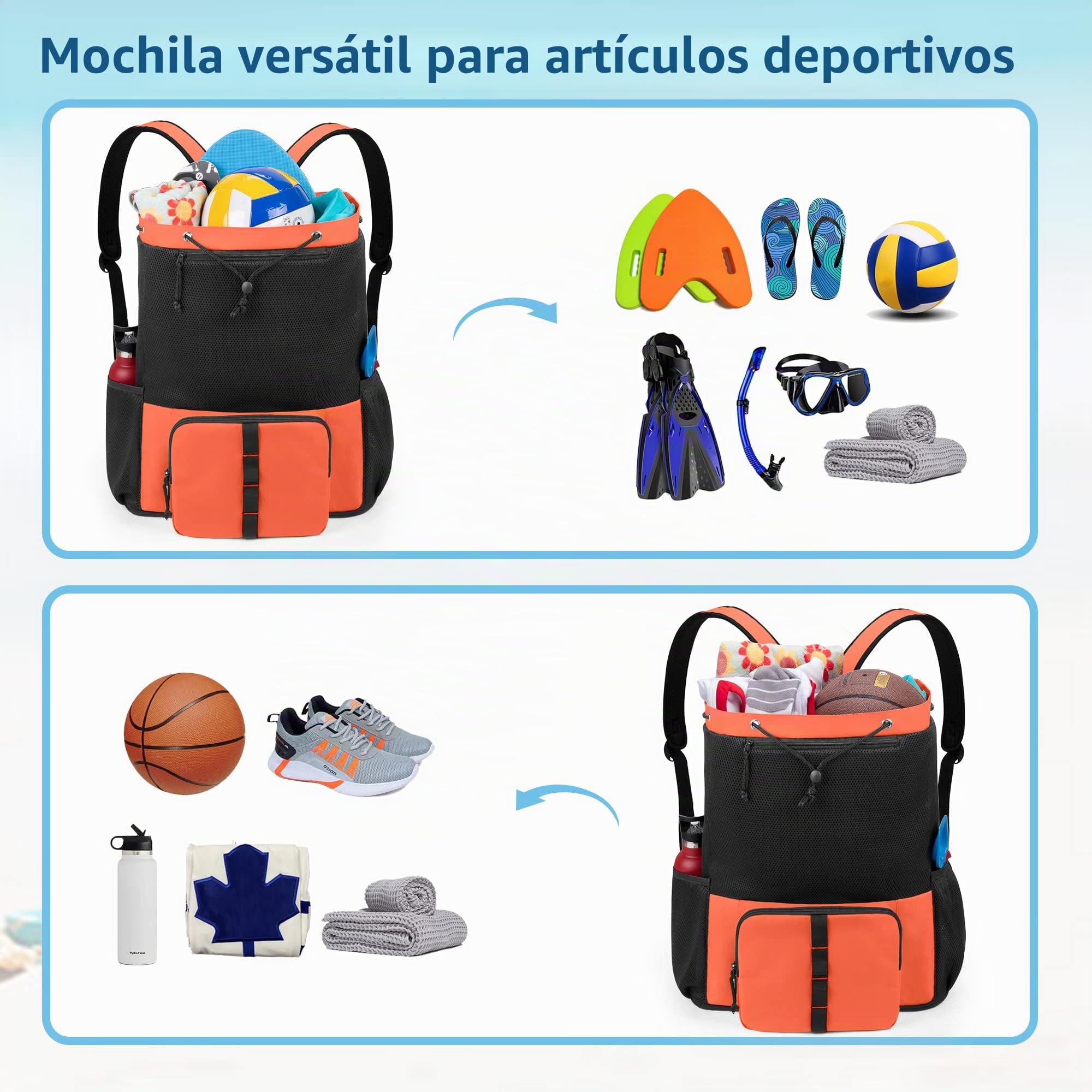 Fasrom Mochila de playa de malla con fondo de cremallera, mochila de gimnasio para nadar, playa y piscina (Patente Pendiente), Naranja