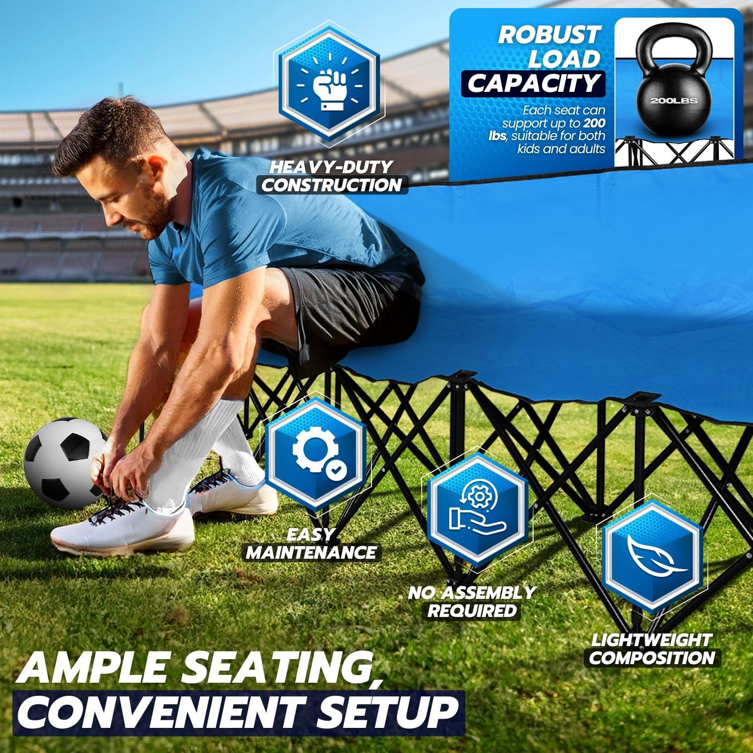 Flexzion Portable Folding Bench Seat, 6 Seater, Collapsible Soccer Bench, Portable Bench Seats for Bleachers, Camping, Sideline, with Back Rest and Carrying Bag, Blue