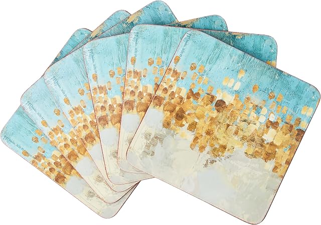Creative Tops 5226090 'Golden Reflections' Printed Square Cork-Backed Drinks Coasters, 10.5 cm - Gold (Set of 6)