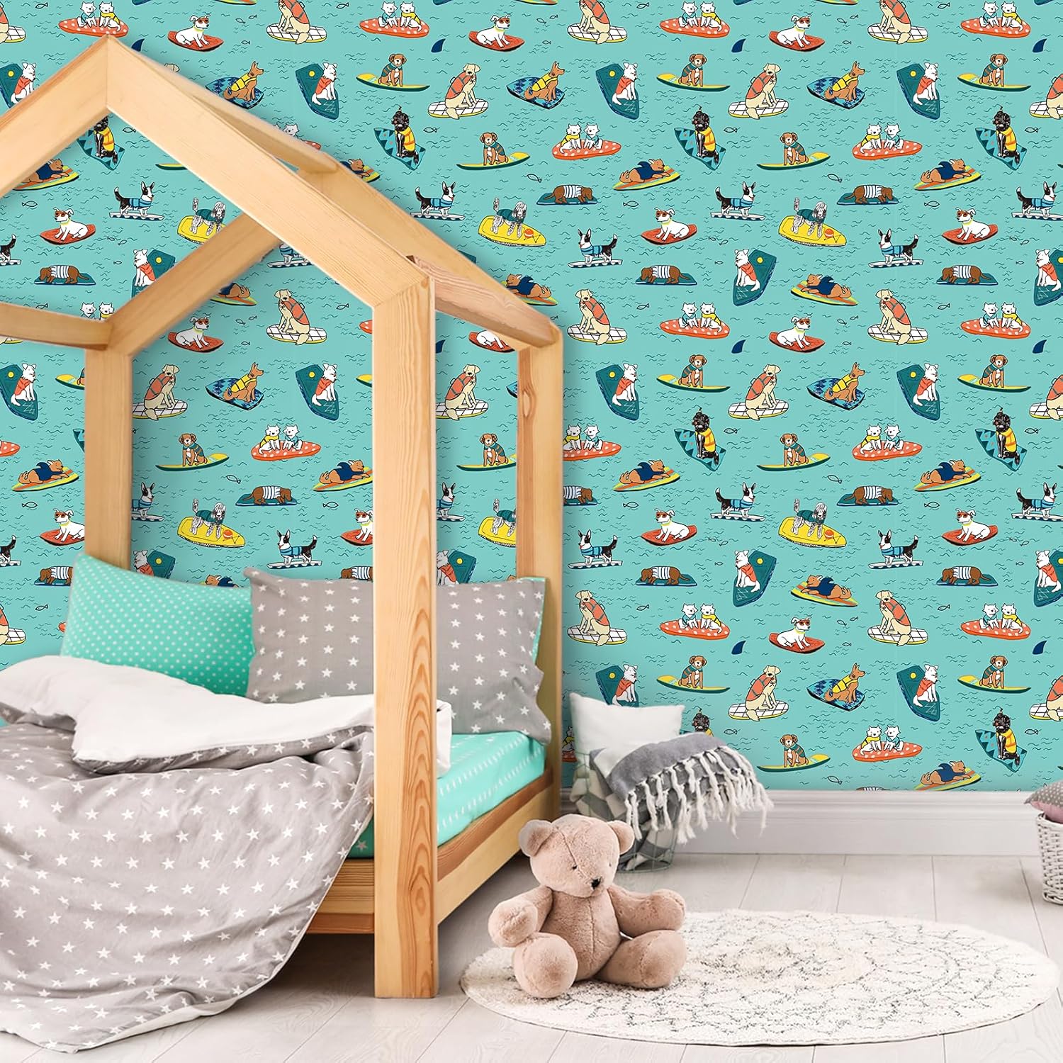 Blue Surfing Dog Peel and Stick Wallpaper 17.7"x472" Removable Animal Print Wallpaper Waterproof Thick Kids Wall Paper Blue Dog Patterned Contact Paper for Classroom Nursery Pets House DIY