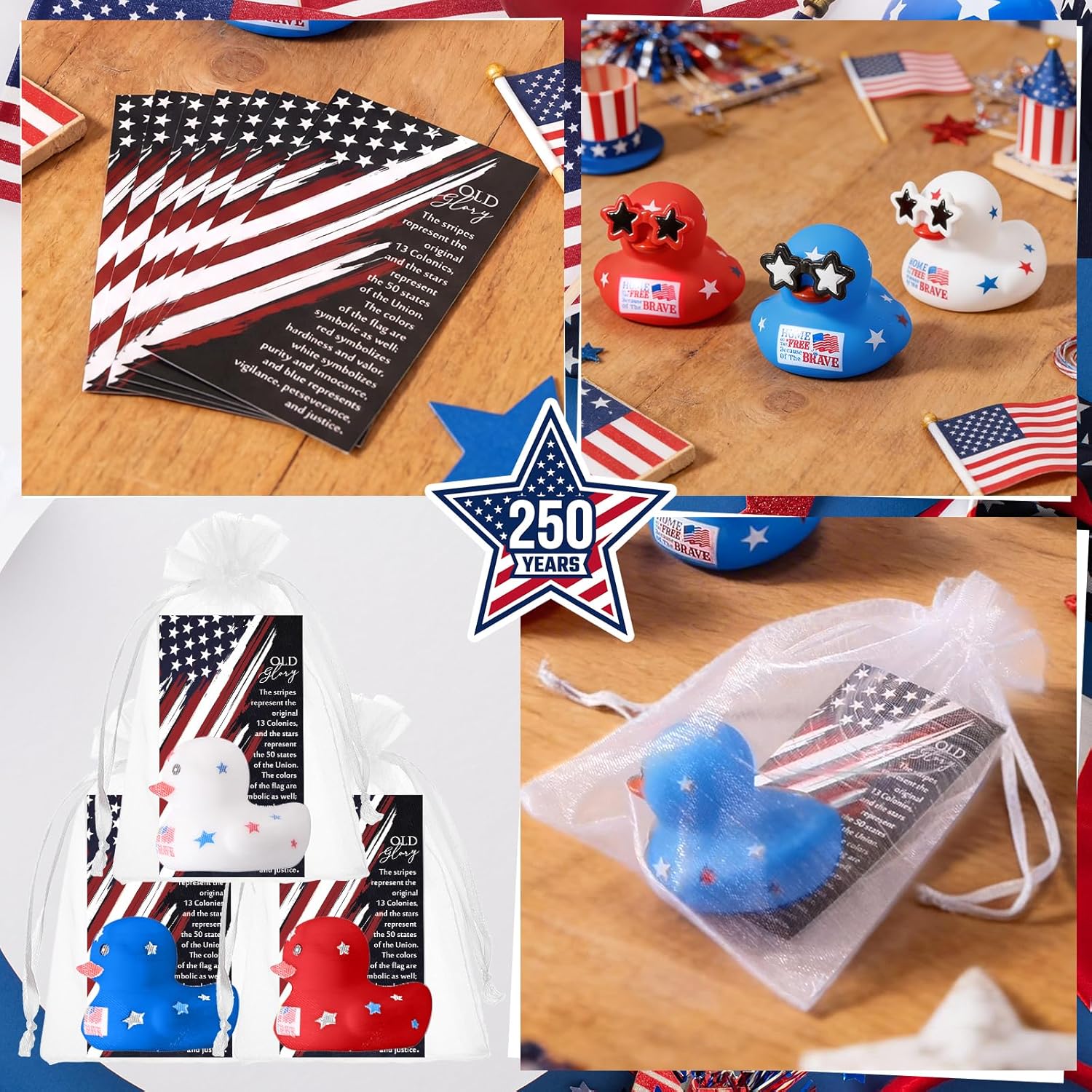 Liliful 48 Sets Patriotic Rubber Ducks Memorial Day Gifts Bulk 4th of July Rubber Ducks Red White Blue 250th Anniversary USA with Old Glory Card Organza Bag for Adults USA Memorial Day