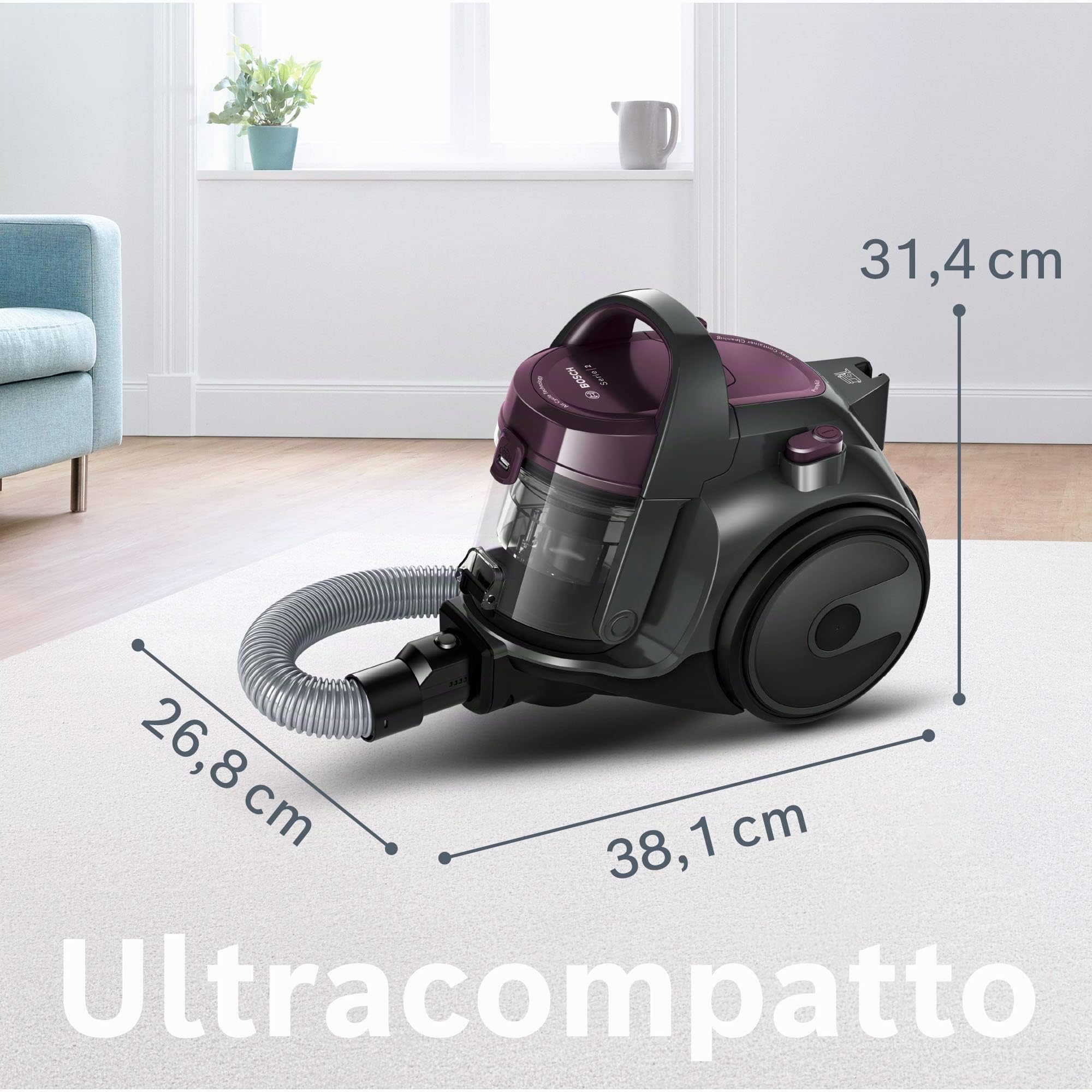 Bosch BGC05AAA1 Aspirapolvere a Traino Senza Sacco con Filtro Igienico PureAir, Design Compatto, Potente, Viola