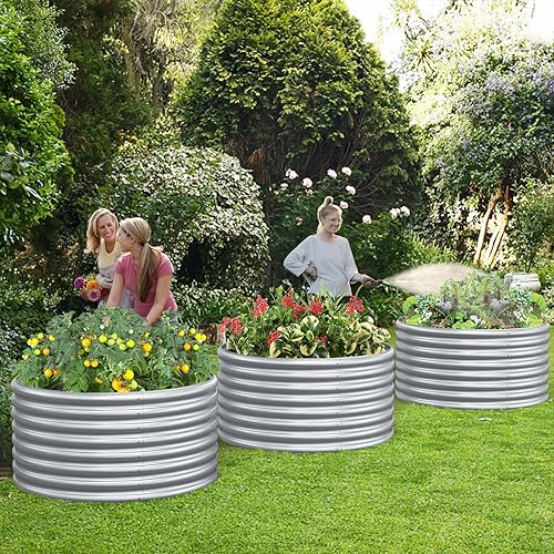 Miniatura 4 de FRIZIONE Paquete de 2 camas elevadas redondas de 3 x 2 pies de alto para verduras, jardinera elevada para jardín al aire libre, macetas elevadas
