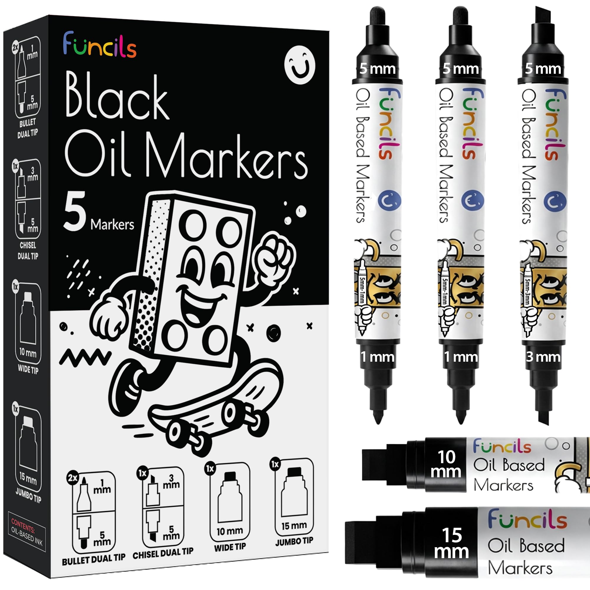 Funcils 5 Oil Black Paint Pen (3 Dual Tip + 10mm, 15mm Jumbo) - Oil Based Paint Markers for Metal, Fabric, Glass, Automotive Tire, Furniture Touch Up Wood & Plastic Surfaces - Waterproof & Permanent
