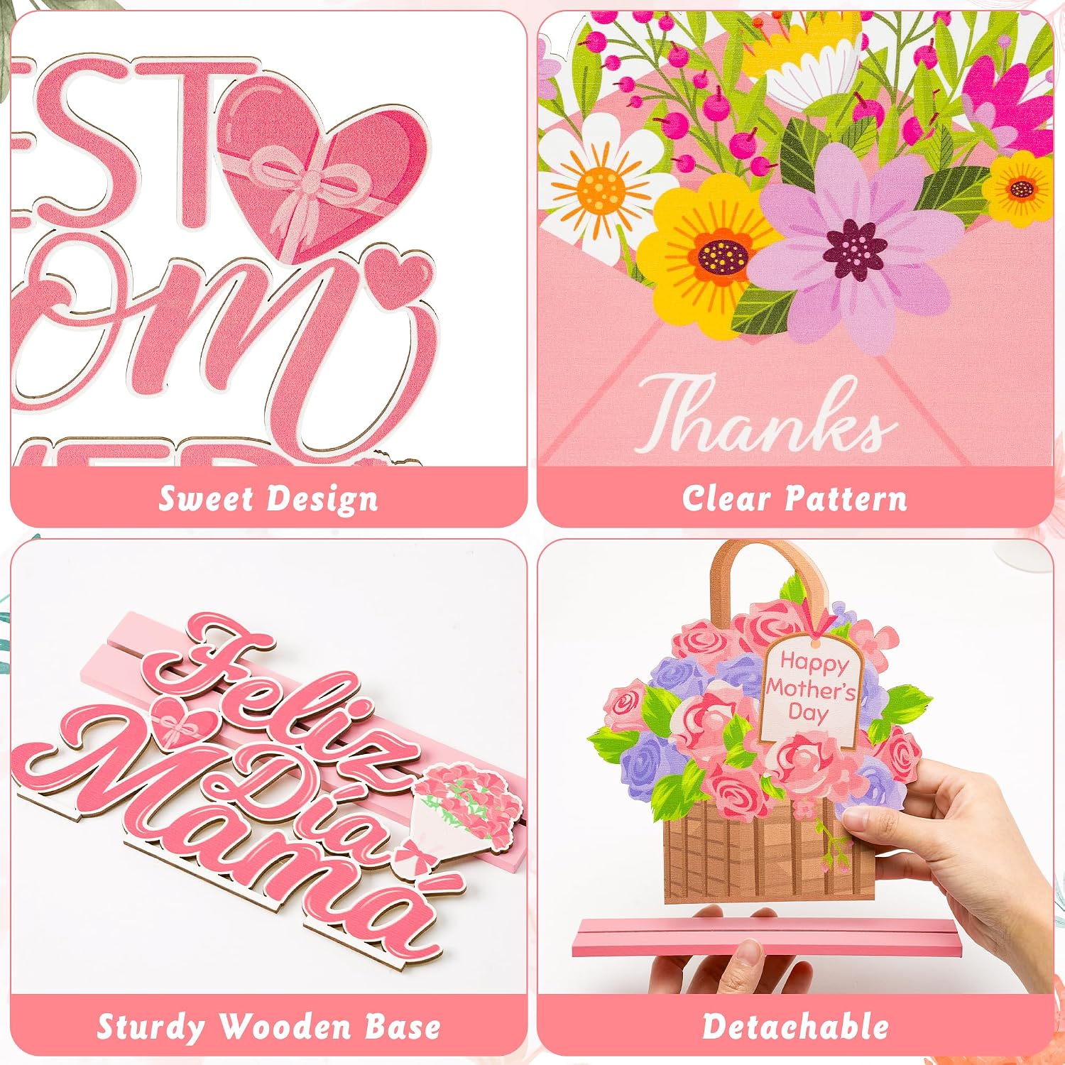 Haooryx Mother's Day Tabletop Centerpiece - 4 Pcs Happy Mother's Day Pink Flower Table Topper Centerpiece Wood Letter Sign Sign Best Mom Ever Detachable Decoration Mom's Birthday Party Gift Home Decor