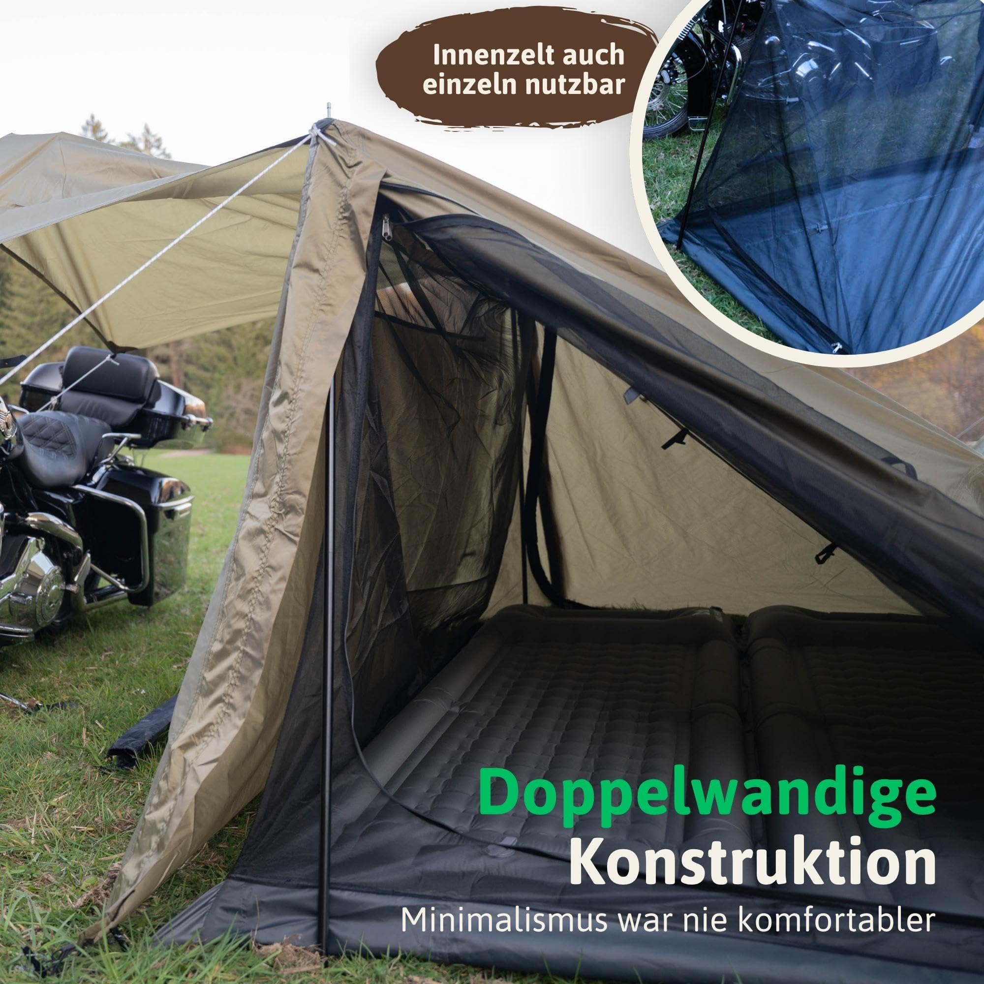 MALIHINI Tente de moto [2 personnes] – Tente de moto avec petite taille pliée, imperméable | Bâche de moto et auvent | Tente de motard pour motards | Vélo et camping