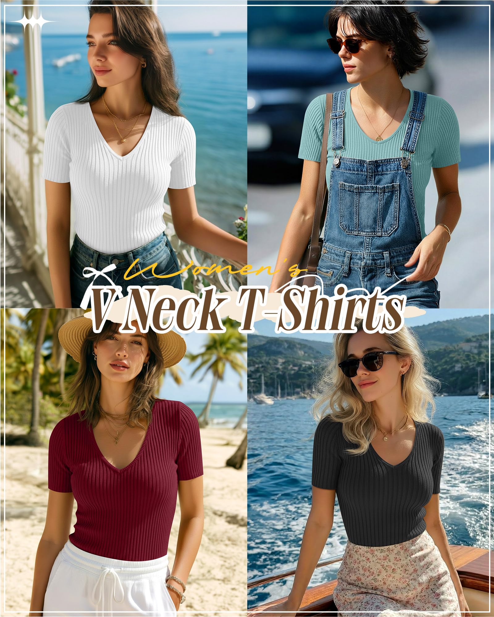Neer Lot de 4 t-shirts à col en V en coton côtelé à manches courtes et coupe ajustée pour femme