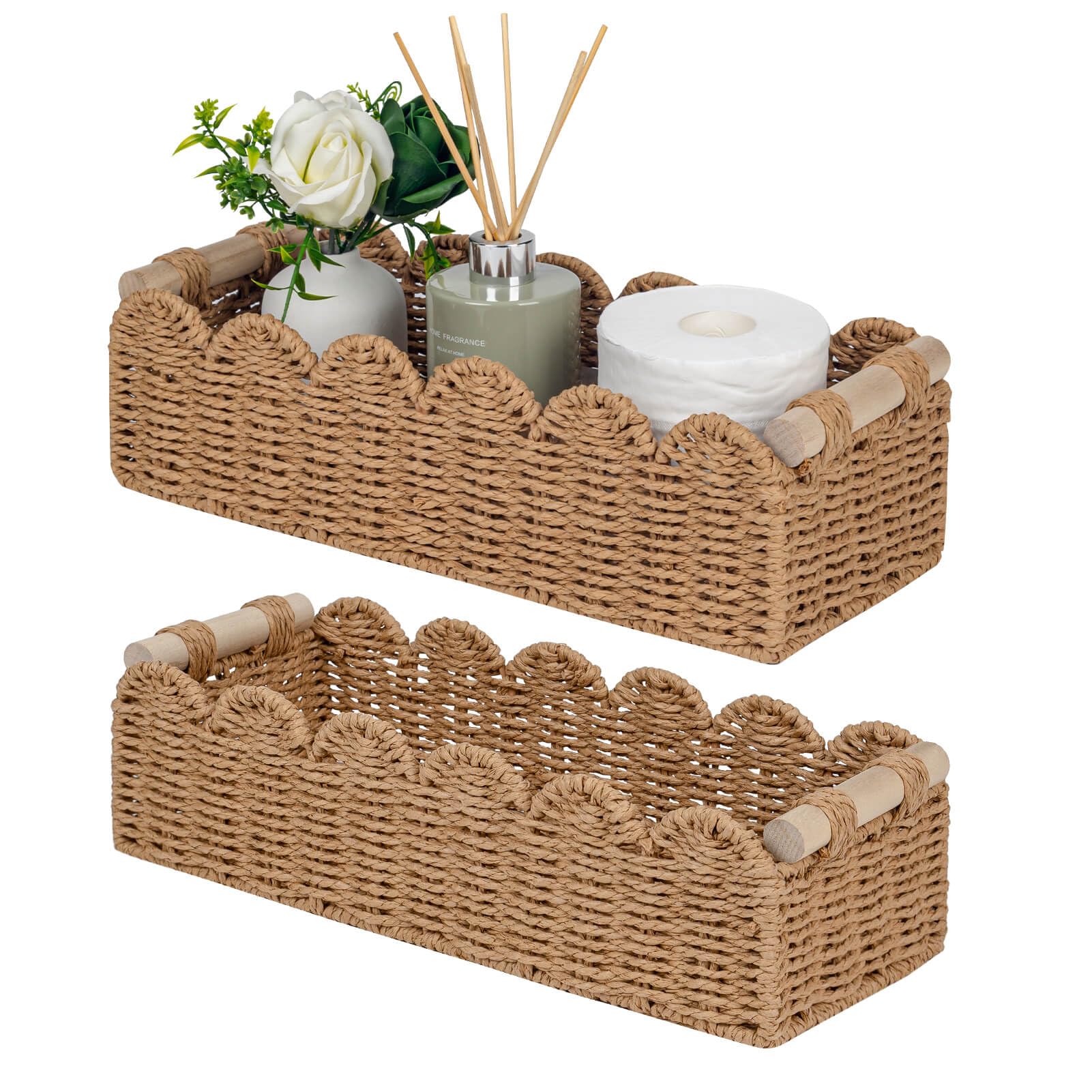 CubesLand Scalloped Decor Basket for Living Room, Home, Bathroom, 2SAME SIZE Paper Rope Basket, Toilet Storage Baskets for Over Toilet Storage Shelf, Cute Woven Basket Both Storage&Decor, Neutral