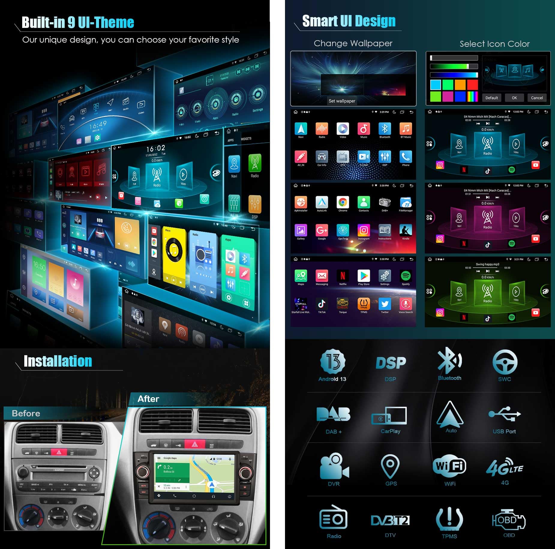 Erisin 7 Pollici 8-Core Android 14 Autoradio Navigatore GPS per Fiat Punto Fiat Linea, Supporto Schermo tattile IPS Wireless CarPlay Android Auto Bluetooth DSP DAB+ WiFi 4G LTE OBD2 4GB+64GB