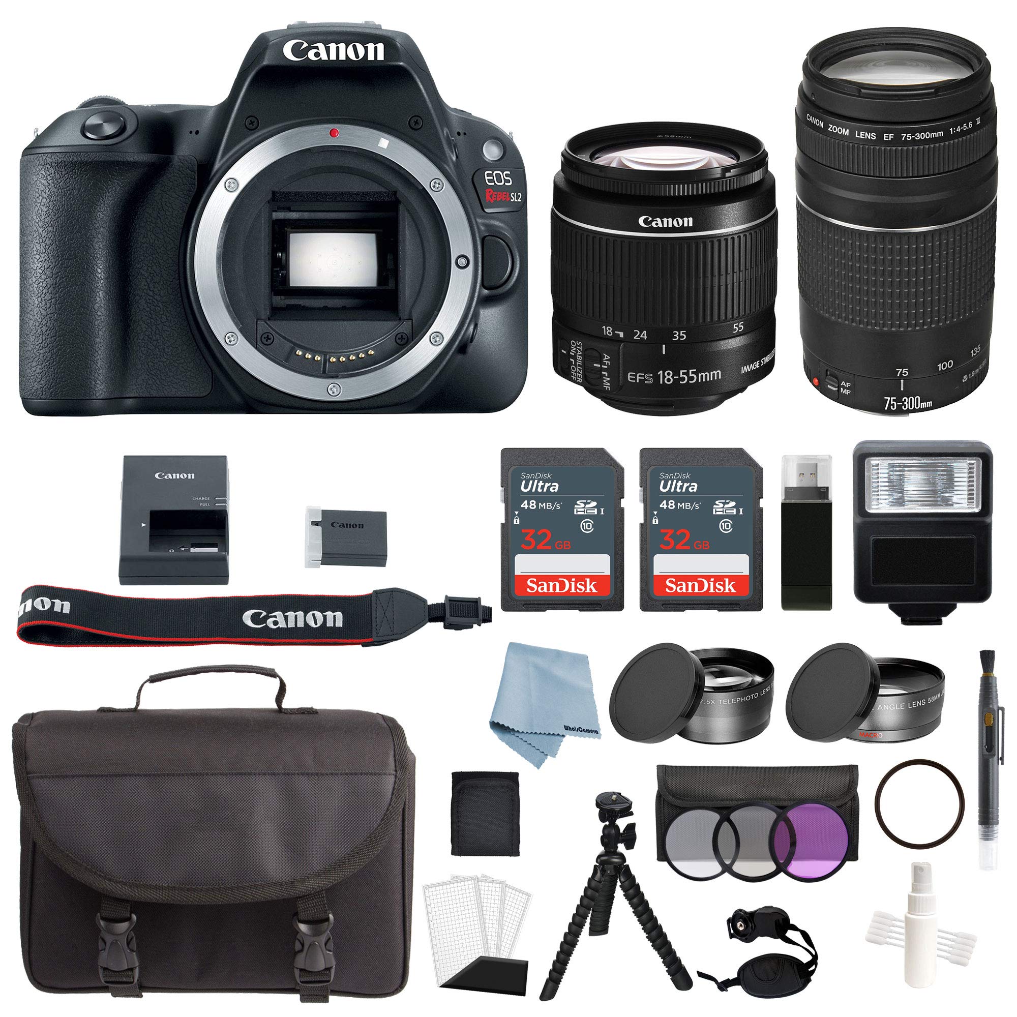 Canon EOS Rebel SL2 Bundle With EF-S 18-55mm IS STM & EF 75-300mm III Lens + Advanced Accessory Kit - Includes EVERYTHING You Need To Get Started