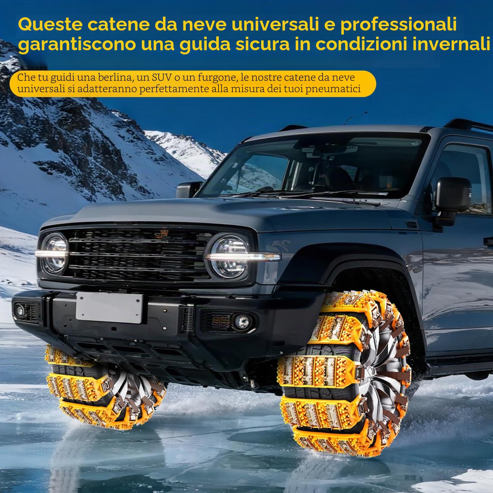 Catene da neve Oziral 8 pezzi regolabili per pneumatici 165-255 mm antiscivolo chiodate Giallo