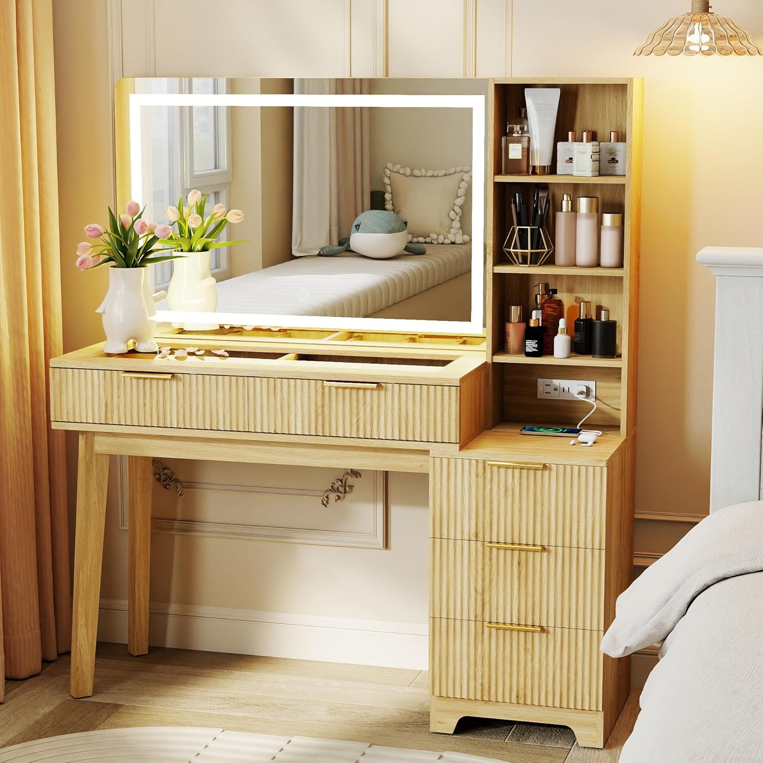 Fluted Makeup Vanity Desk: 48" Oak Make Up Vanity Desk with Large 36" Mirror and Lights, Wood Dressing Table with 5 Drawers, Glass Top, Charging Station, Modern Makeup Table for Women
