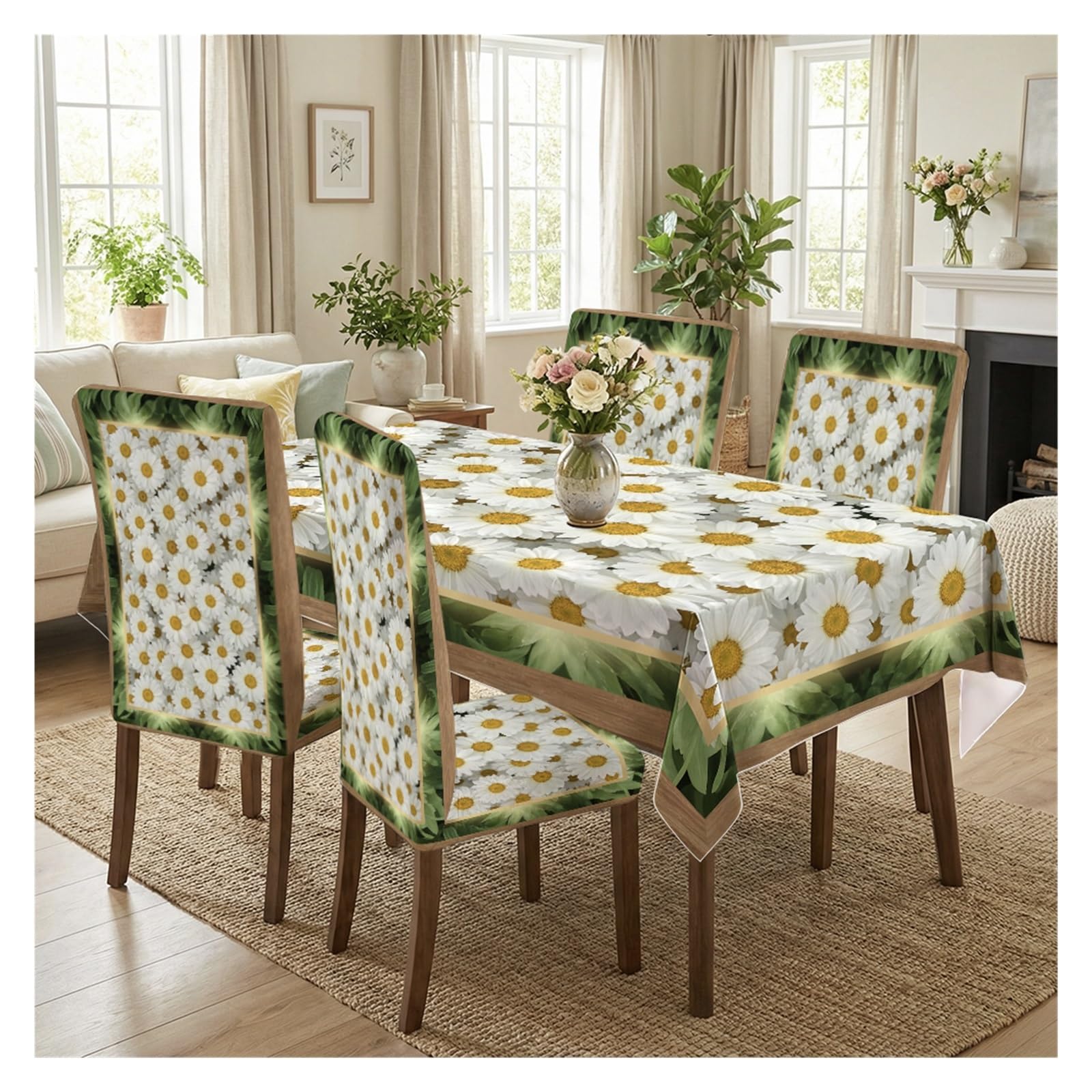 BOSUYBN Stretch Dining Chair Slipcover & Tablecloth Set, White Daisy Floral Print, 5/7 Pack, Fresh Farmhouse Kitchen Home Decor Table Setting(5pcs Set: Tablecloth+Chair Covers)