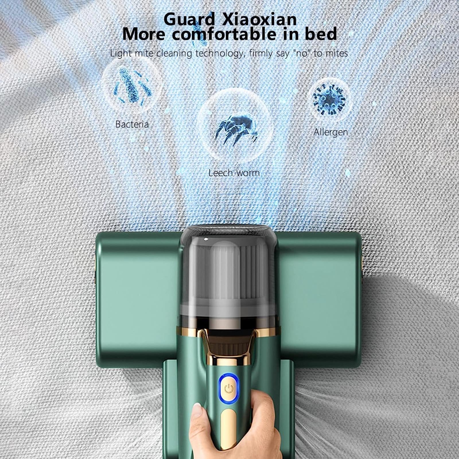 MELLYD Aspirateur Anti-Acariens, éLimine 99,9% des BactéRies, AllergèNes, Acariens Nettoyeur D'Acariens avec LumièRe UV Et Vibration Nettoyeur De Lit sans Fil pour Le Nettoyage,Green