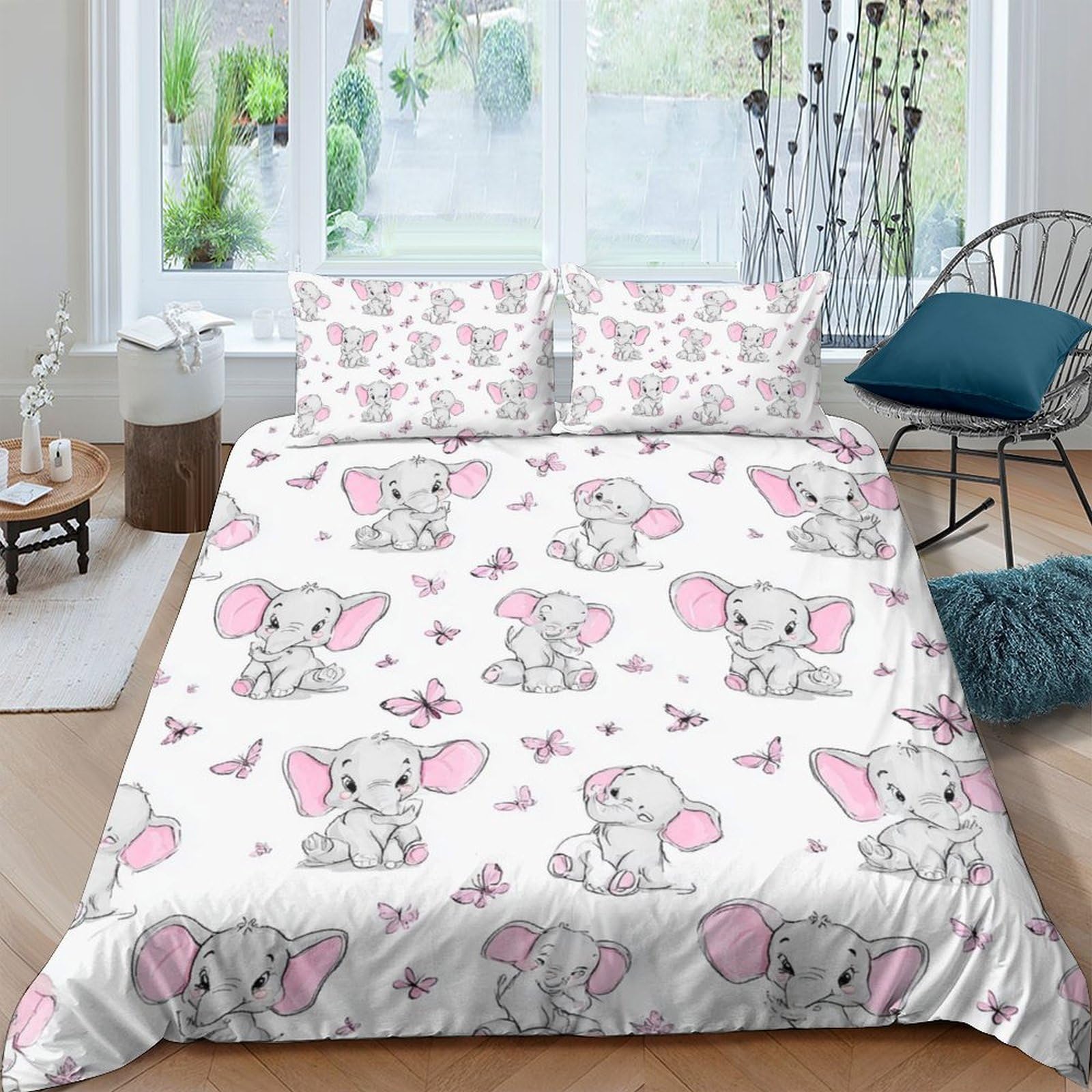 TUFRTGYHN 3D Printed Cute Elephant Duvet Cover Microfiber Soft Breathable Butterfly Bedding Set with 2 Pillowcases for Bedroom Decor Single（135x200cm）