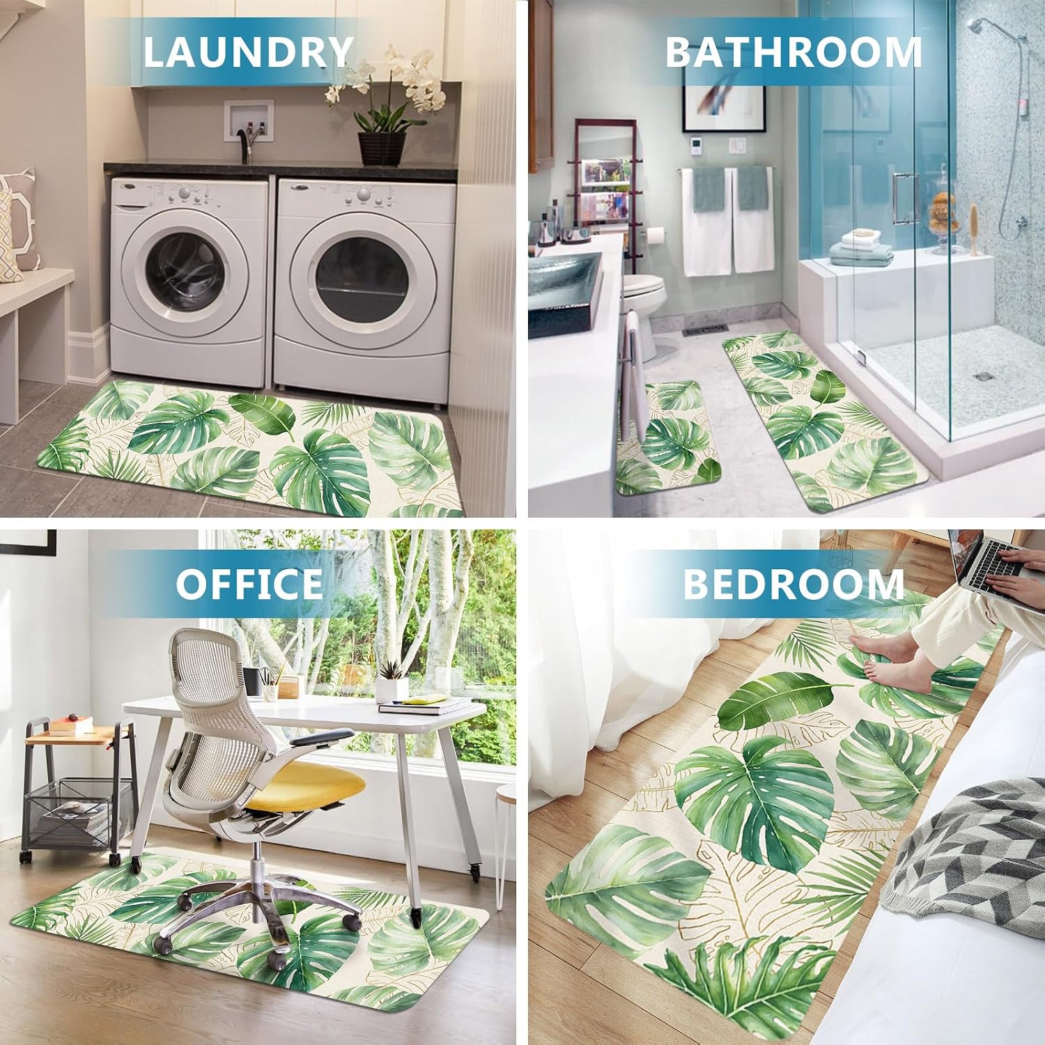 Green Monstera Leaves Kitchen Mats Set of 2 Rustic Tropical Botanical Summer Non Slip Mat Washable Floor Rug for Kitchen Sink Floor Laundry, 20"x24"+20"x48"